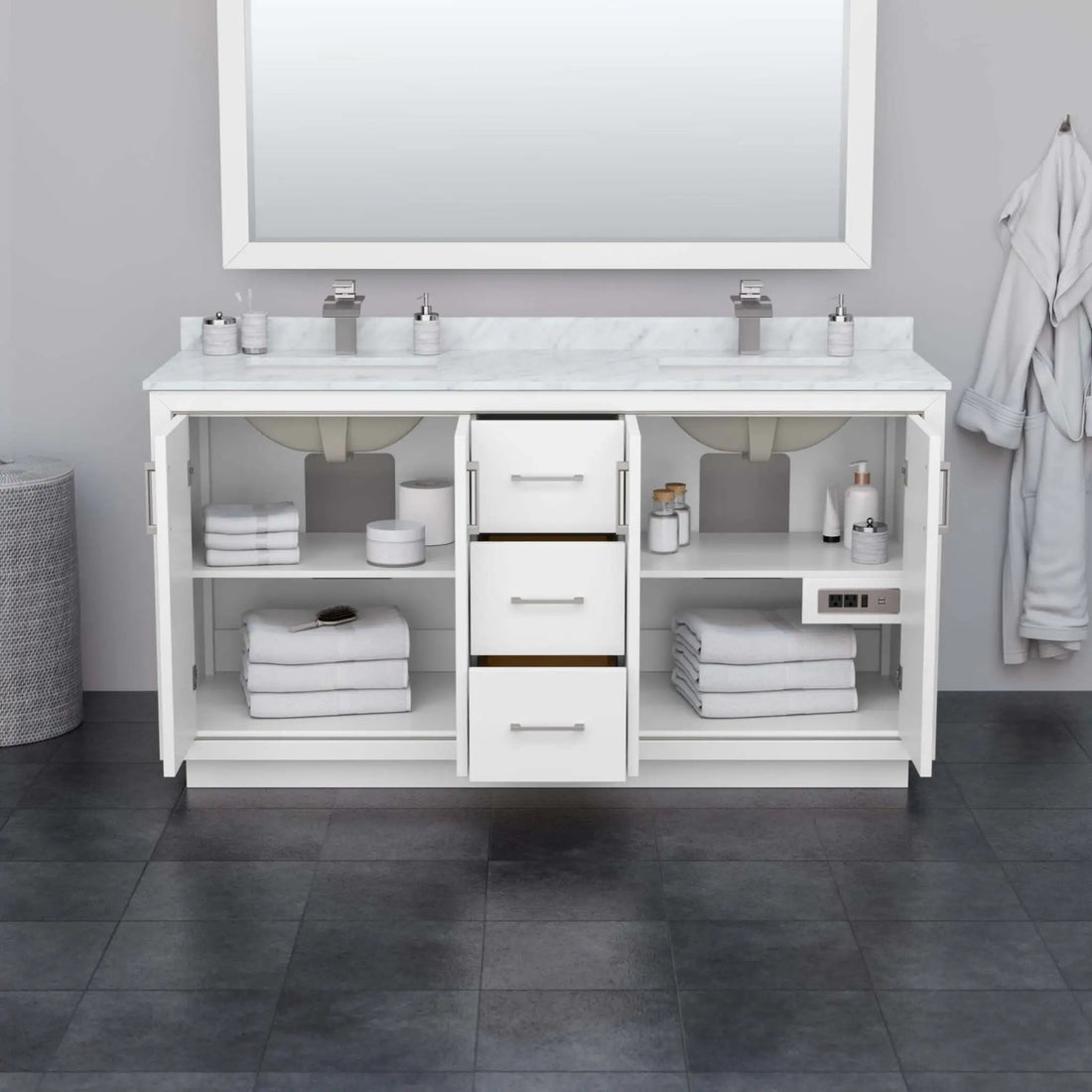 66" Icon Double Bathroom Vanity in White with Matte Black Trim by Wyndham