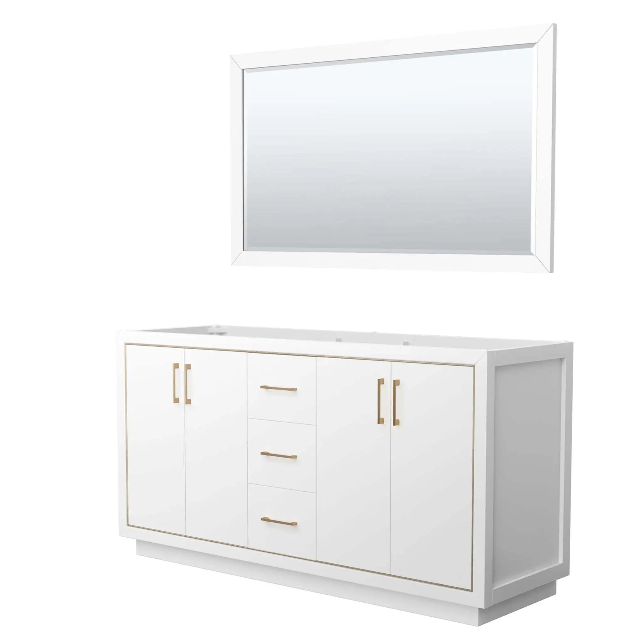 66" Icon Double Bathroom Vanity in White with Satin Bronze Trim & 58" Mirror by Wyndham