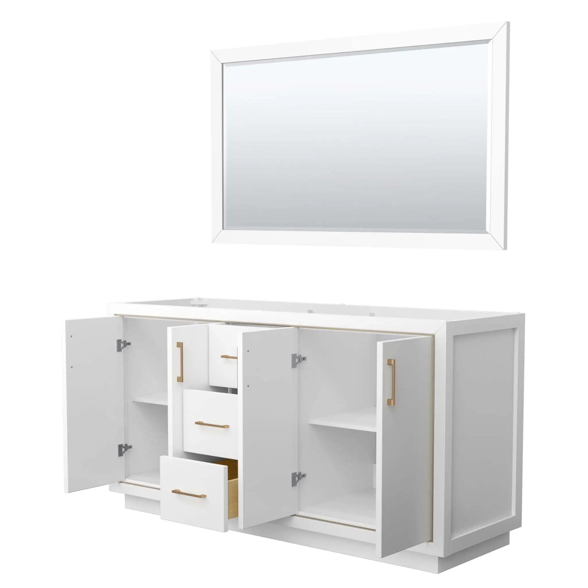 66" Icon Double Bathroom Vanity in White with Satin Bronze Trim & 58" Mirror by Wyndham