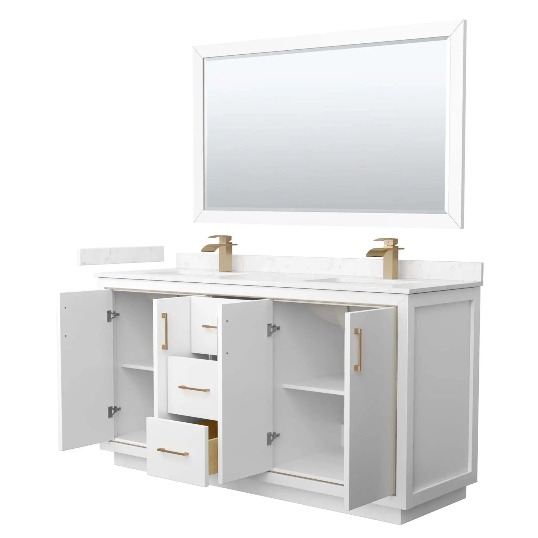 66" Icon Double Bathroom Vanity in White with Satin Bronze Trim & 58" Mirror by Wyndham