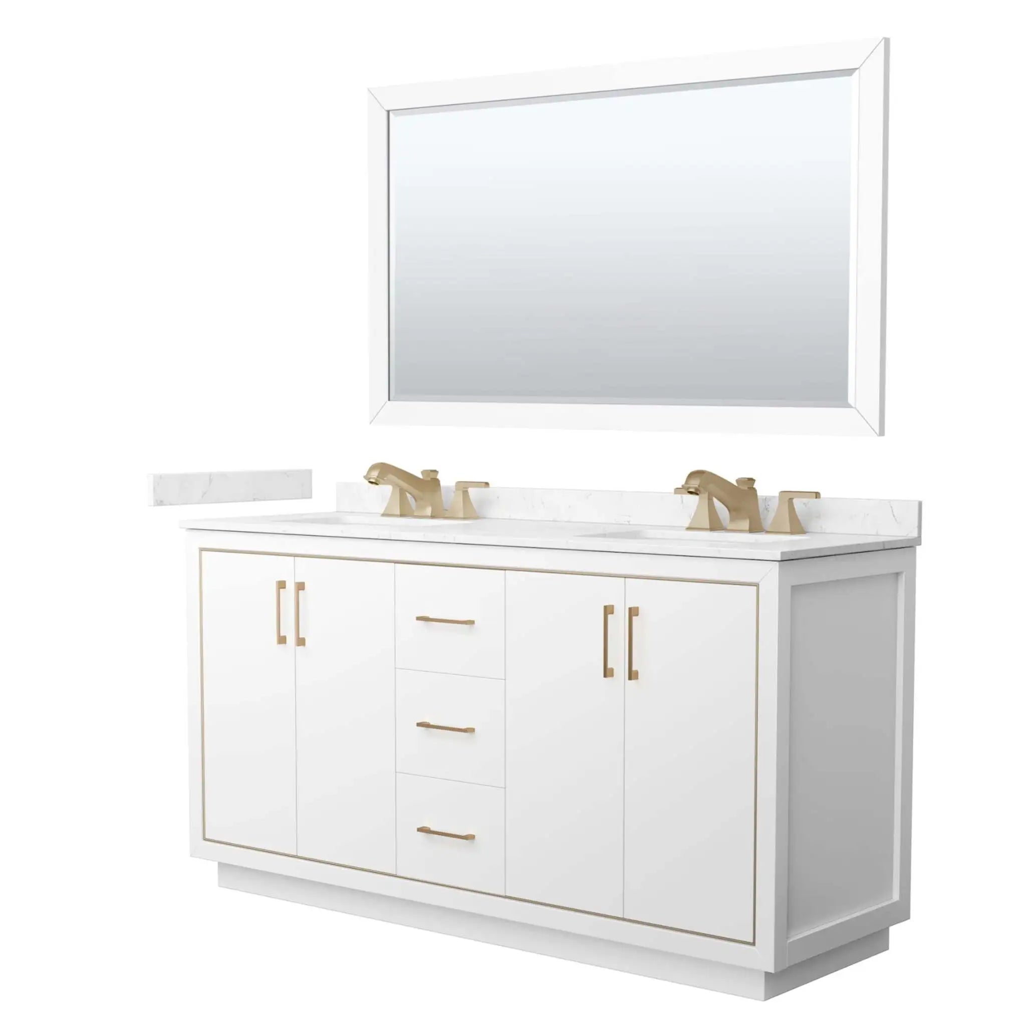 66" Icon Double Bathroom Vanity in White with Satin Bronze Trim & 58" Mirror by Wyndham
