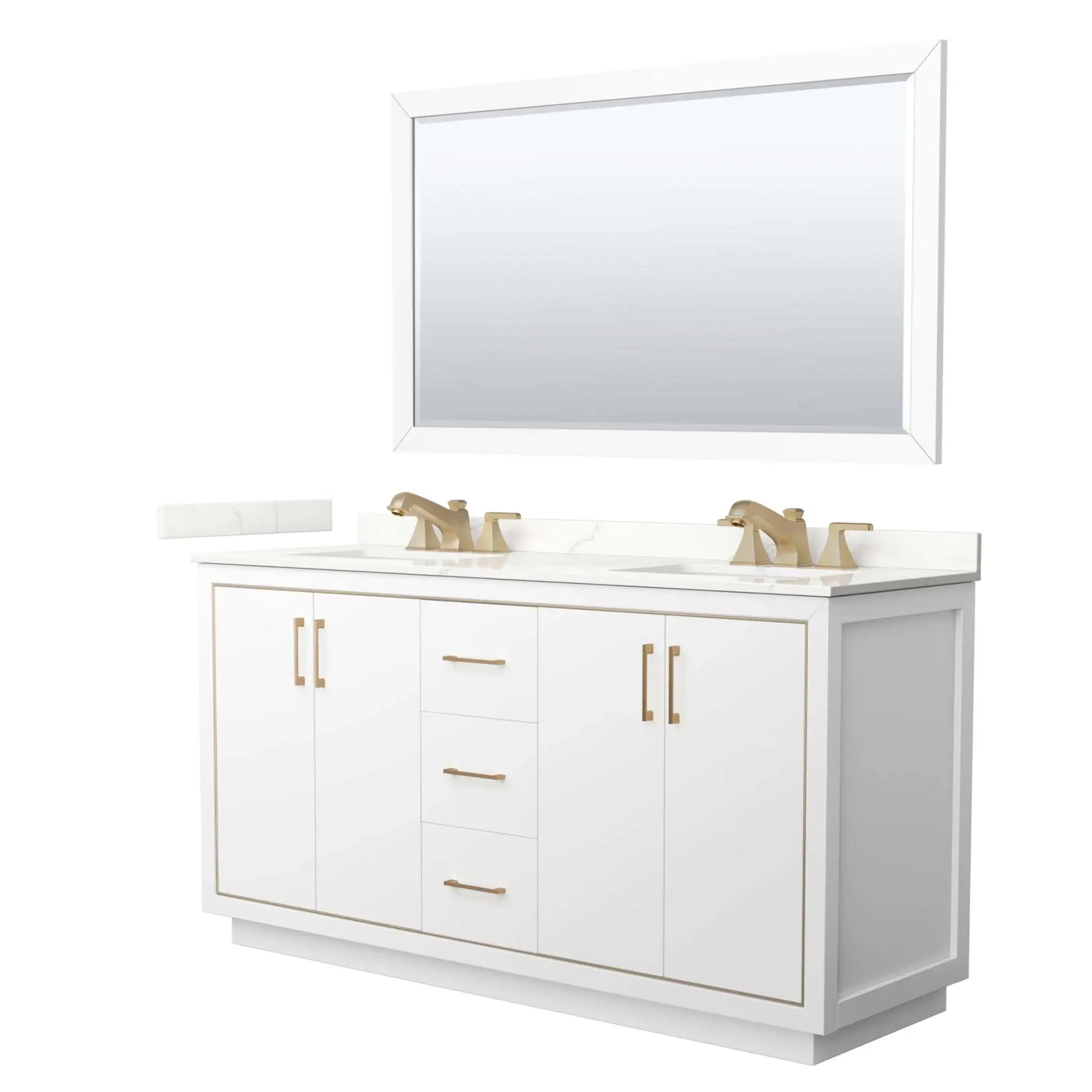 66" Icon Double Bathroom Vanity in White with Satin Bronze Trim & 58" Mirror by Wyndham