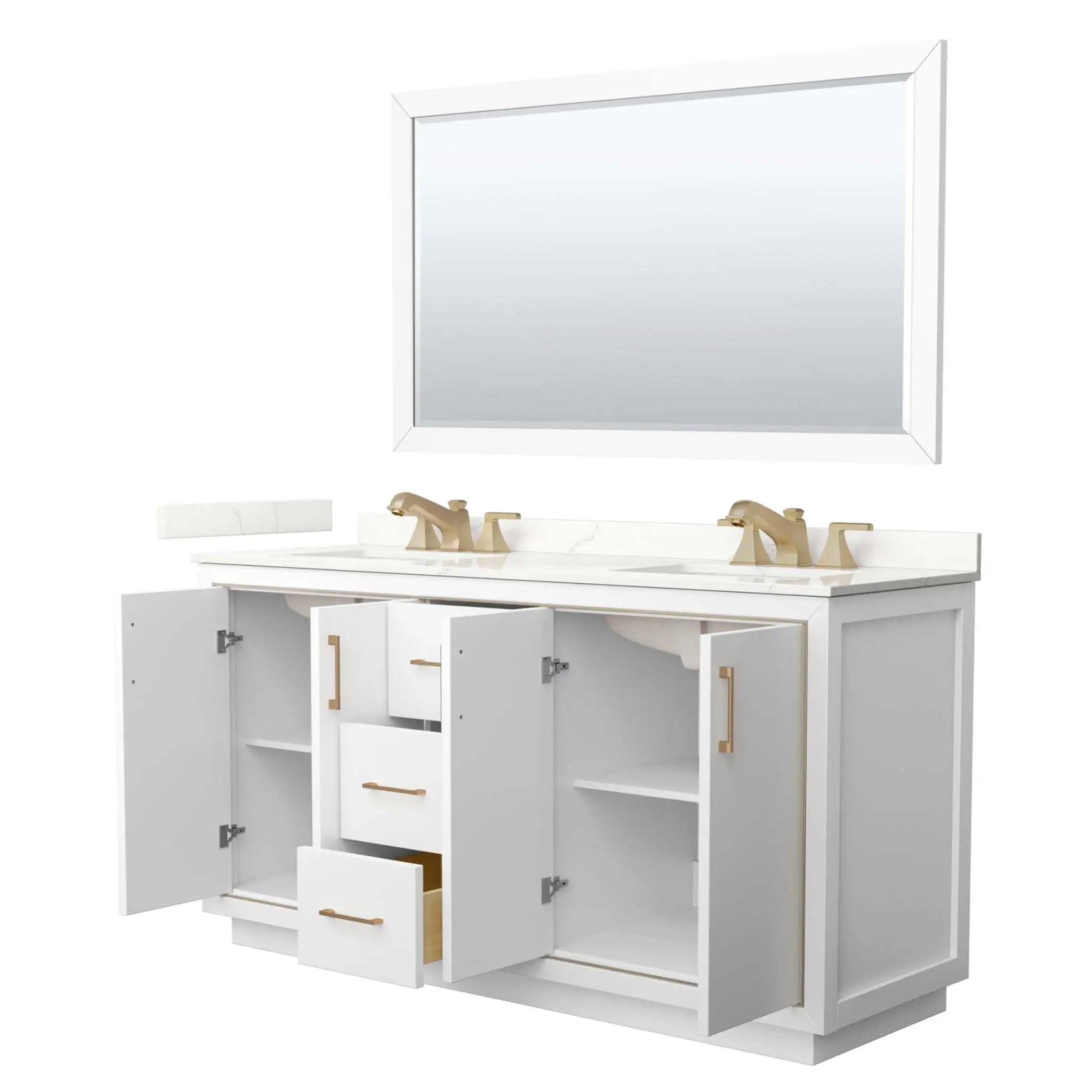 66" Icon Double Bathroom Vanity in White with Satin Bronze Trim & 58" Mirror by Wyndham