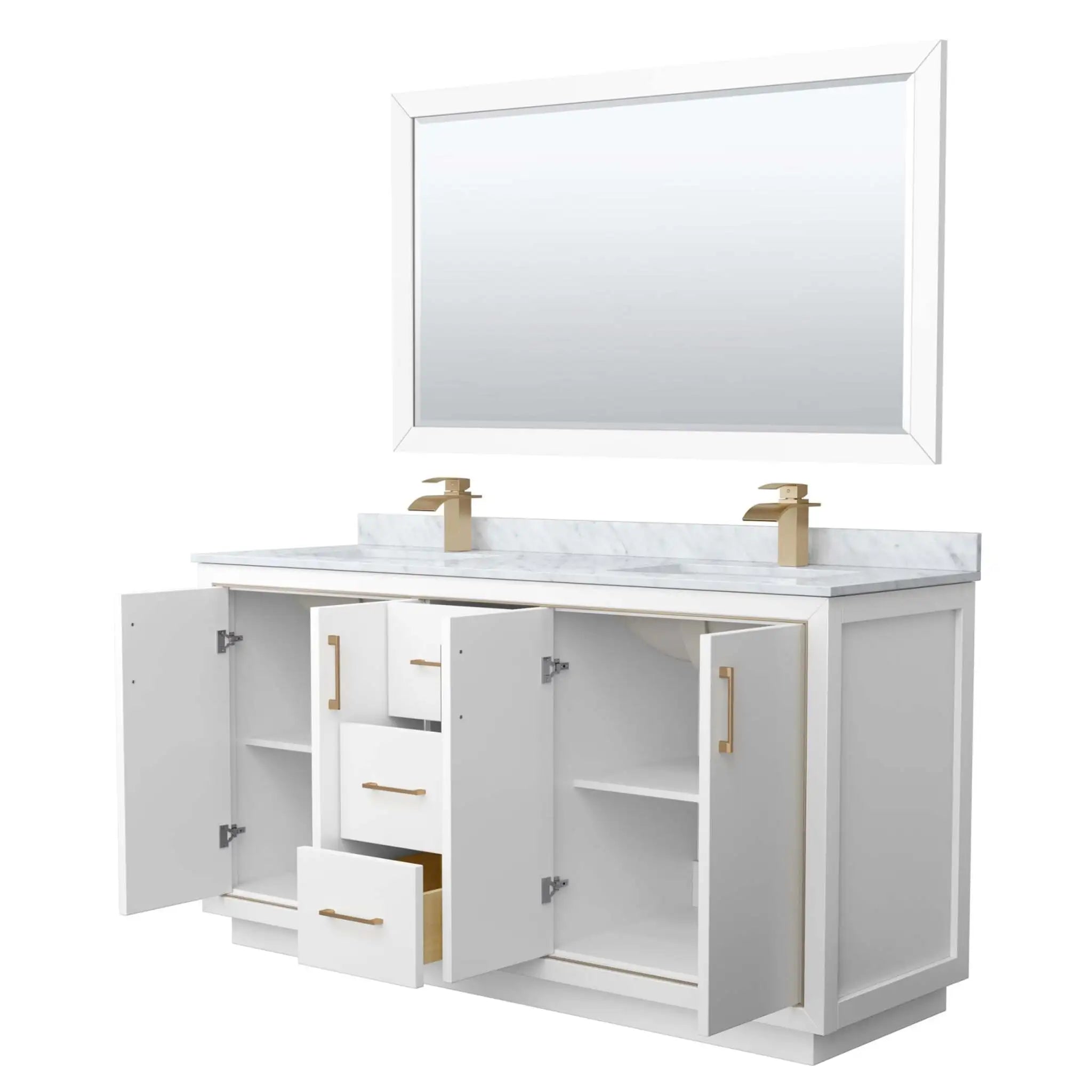 66" Icon Double Bathroom Vanity in White with Satin Bronze Trim & 58" Mirror by Wyndham
