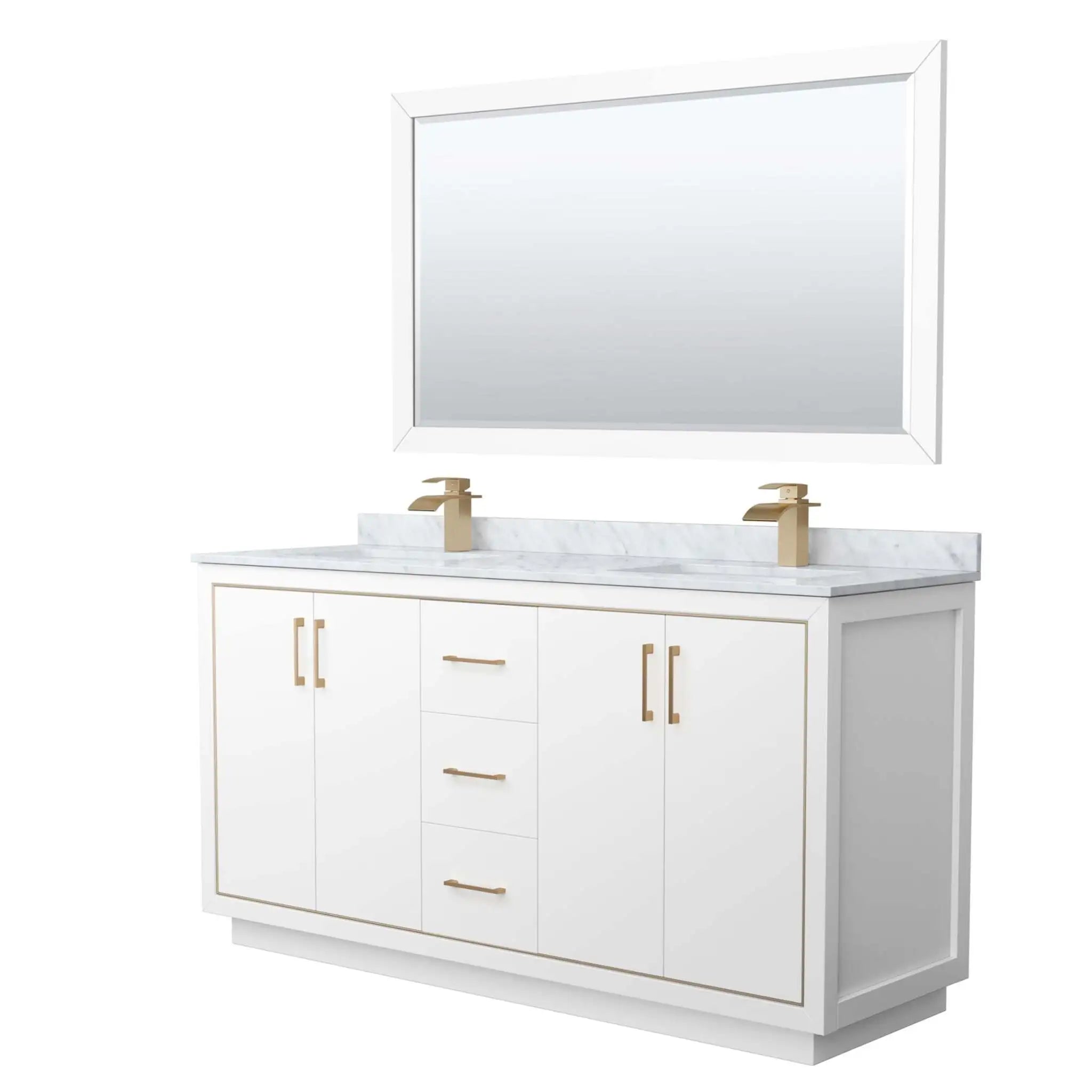 66" Icon Double Bathroom Vanity in White with Satin Bronze Trim & 58" Mirror by Wyndham