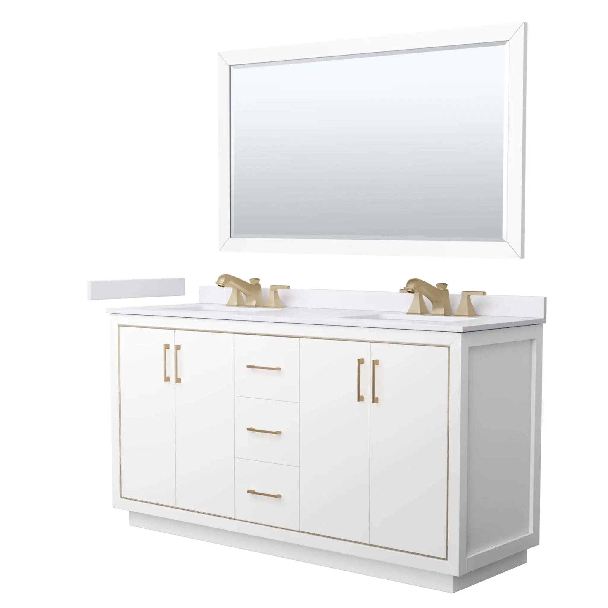 66" Icon Double Bathroom Vanity in White with Satin Bronze Trim & 58" Mirror by Wyndham