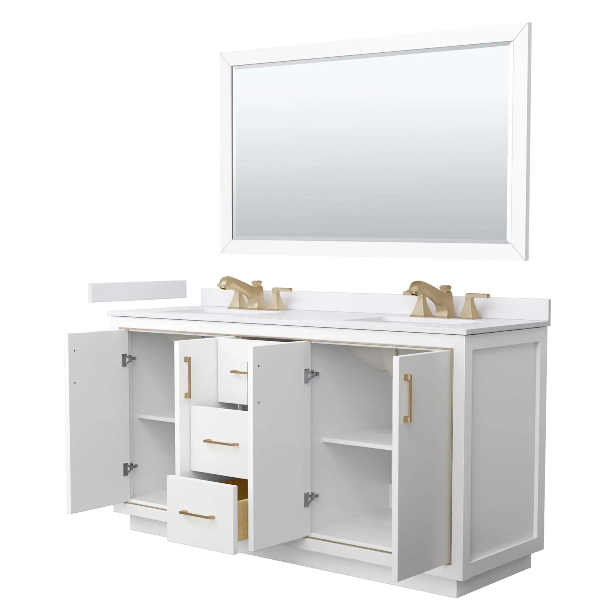 66" Icon Double Bathroom Vanity in White with Satin Bronze Trim & 58" Mirror by Wyndham