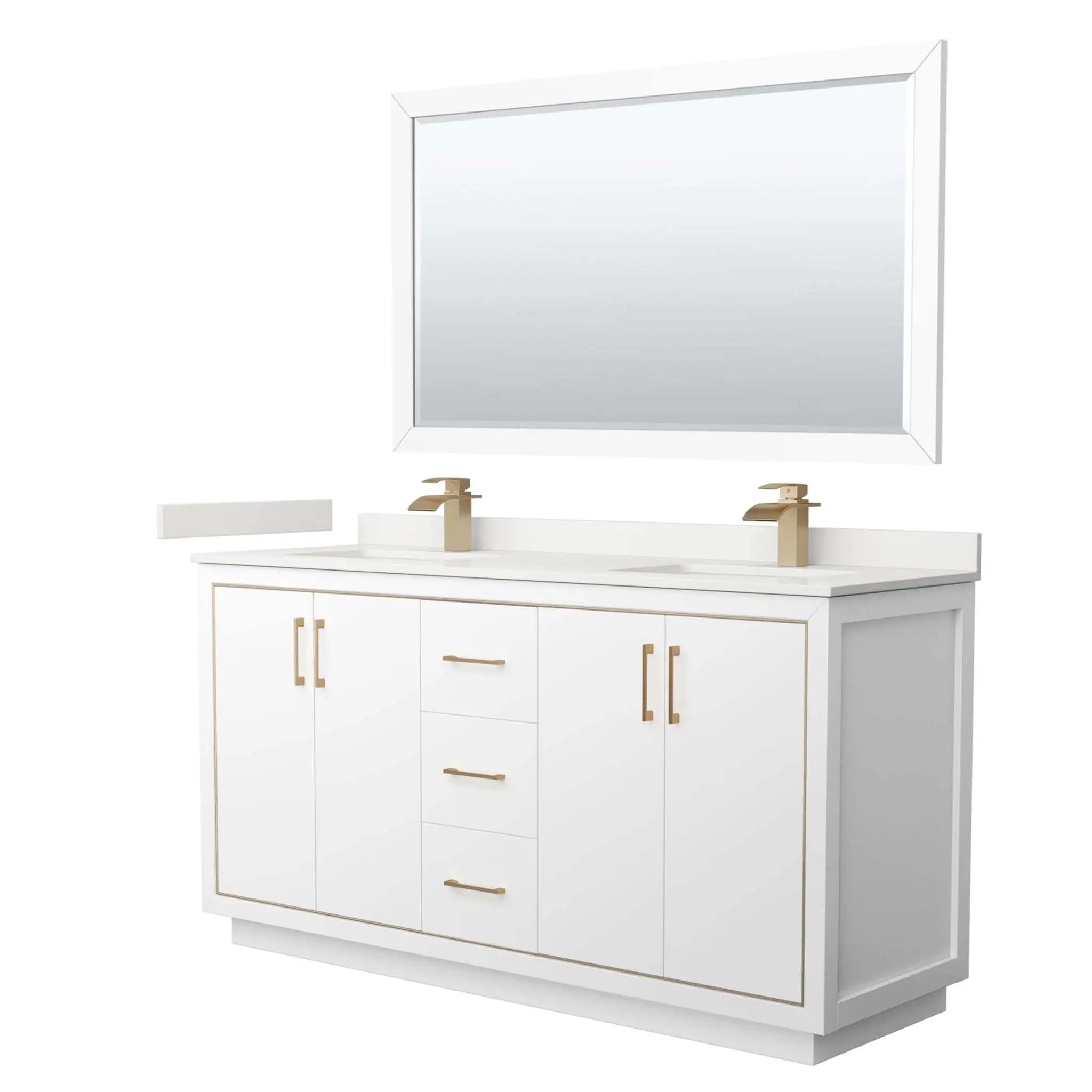 66" Icon Double Bathroom Vanity in White with Satin Bronze Trim & 58" Mirror by Wyndham