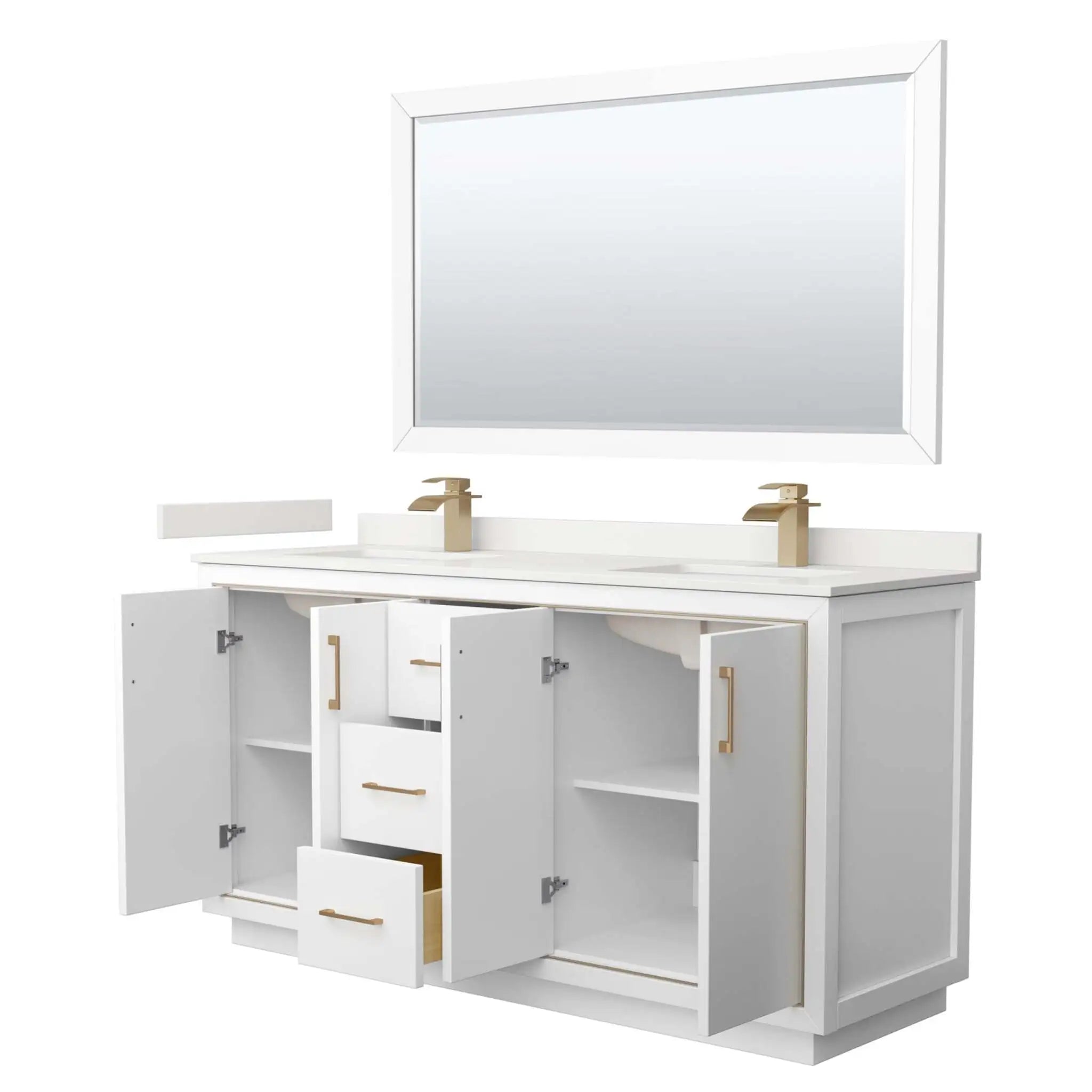 66" Icon Double Bathroom Vanity in White with Satin Bronze Trim & 58" Mirror by Wyndham