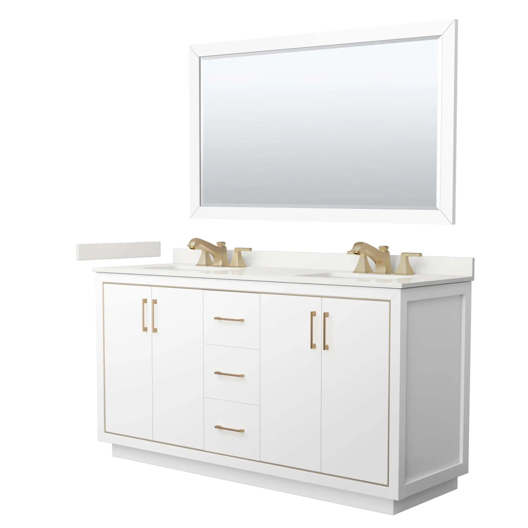 66" Icon Double Bathroom Vanity in White with Satin Bronze Trim & 58" Mirror by Wyndham