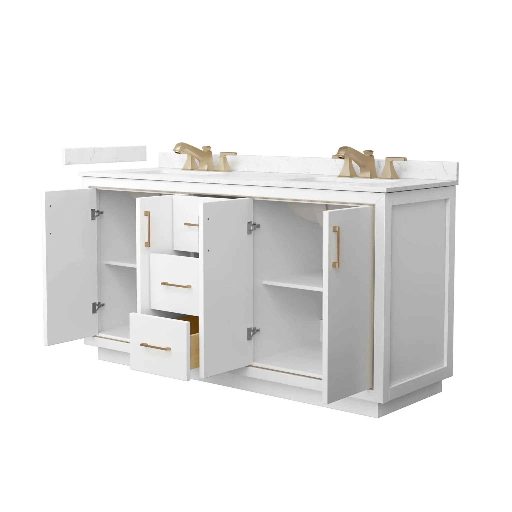 66" Icon Double Bathroom Vanity in White with Satin Bronze Trim by Wyndham