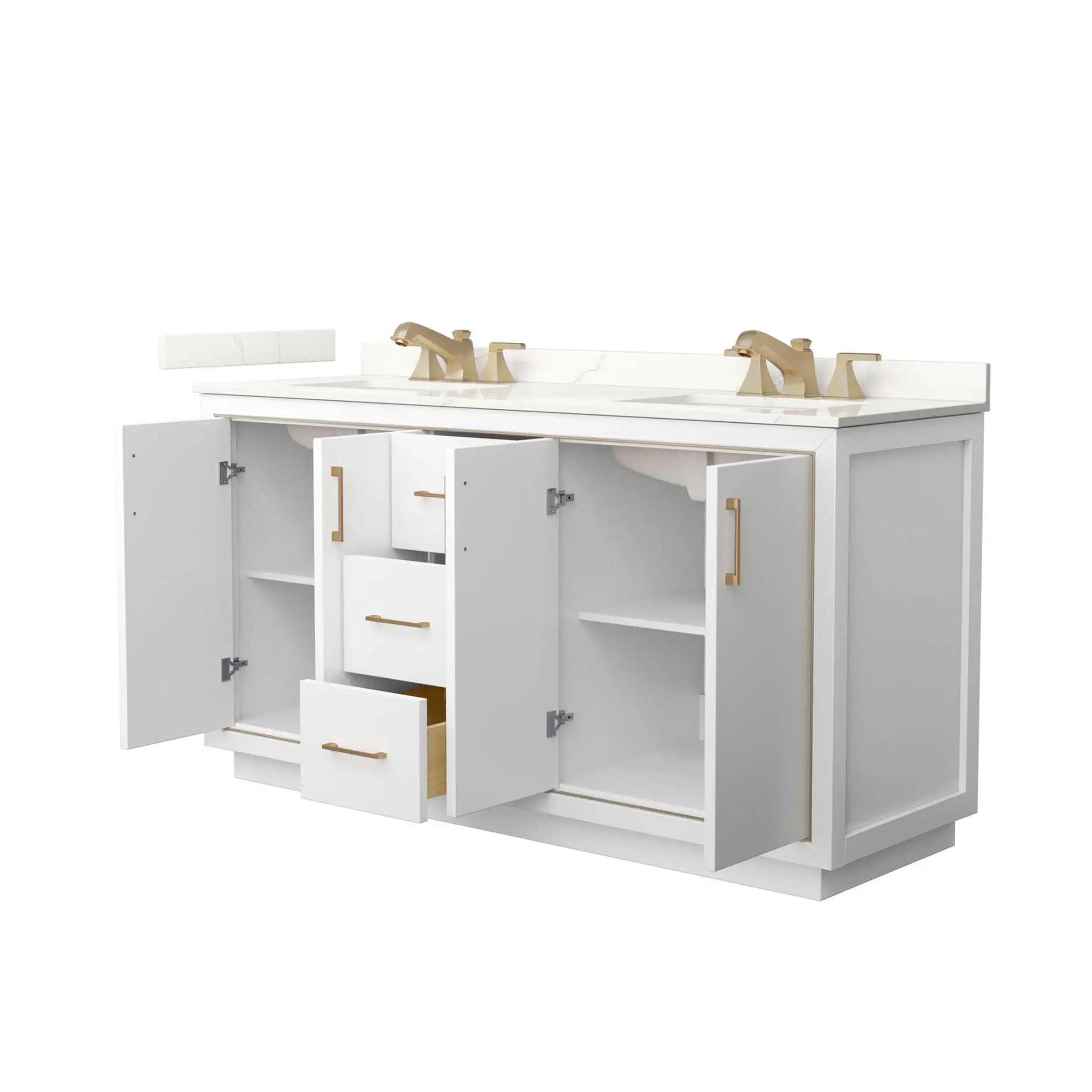 66" Icon Double Bathroom Vanity in White with Satin Bronze Trim by Wyndham