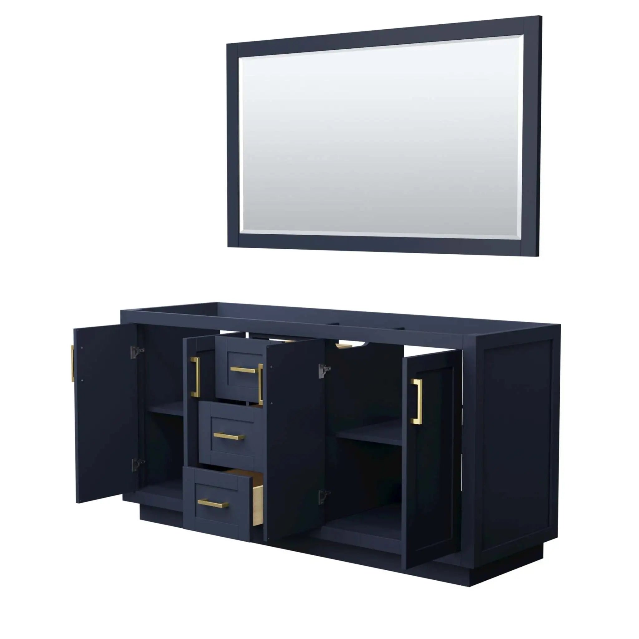 66" Miranda Double Bathroom Vanity in Dark Blue with Brushed Gold Trim & 58" Mirror by Wyndham