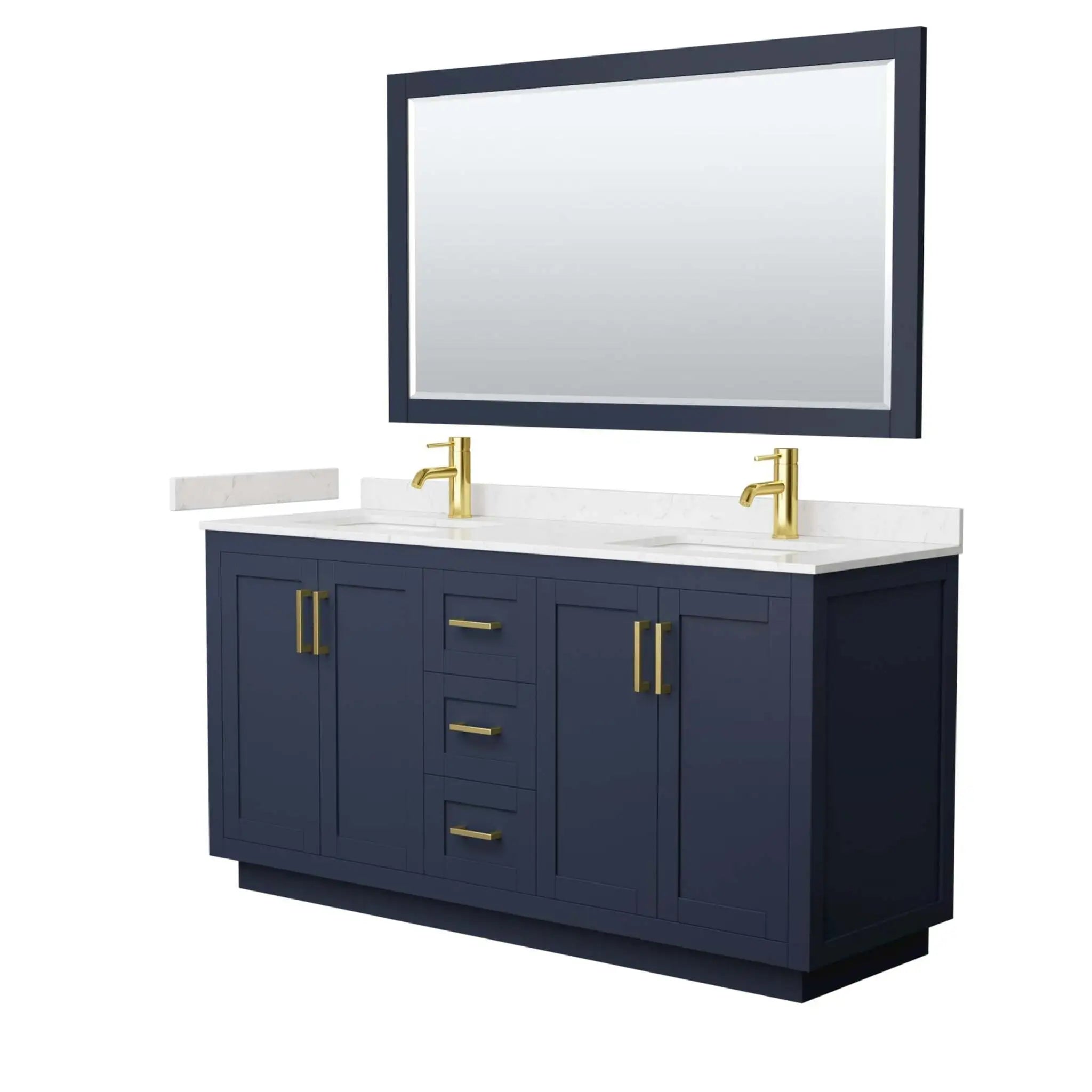 66" Miranda Double Bathroom Vanity in Dark Blue with Brushed Gold Trim & 58" Mirror by Wyndham