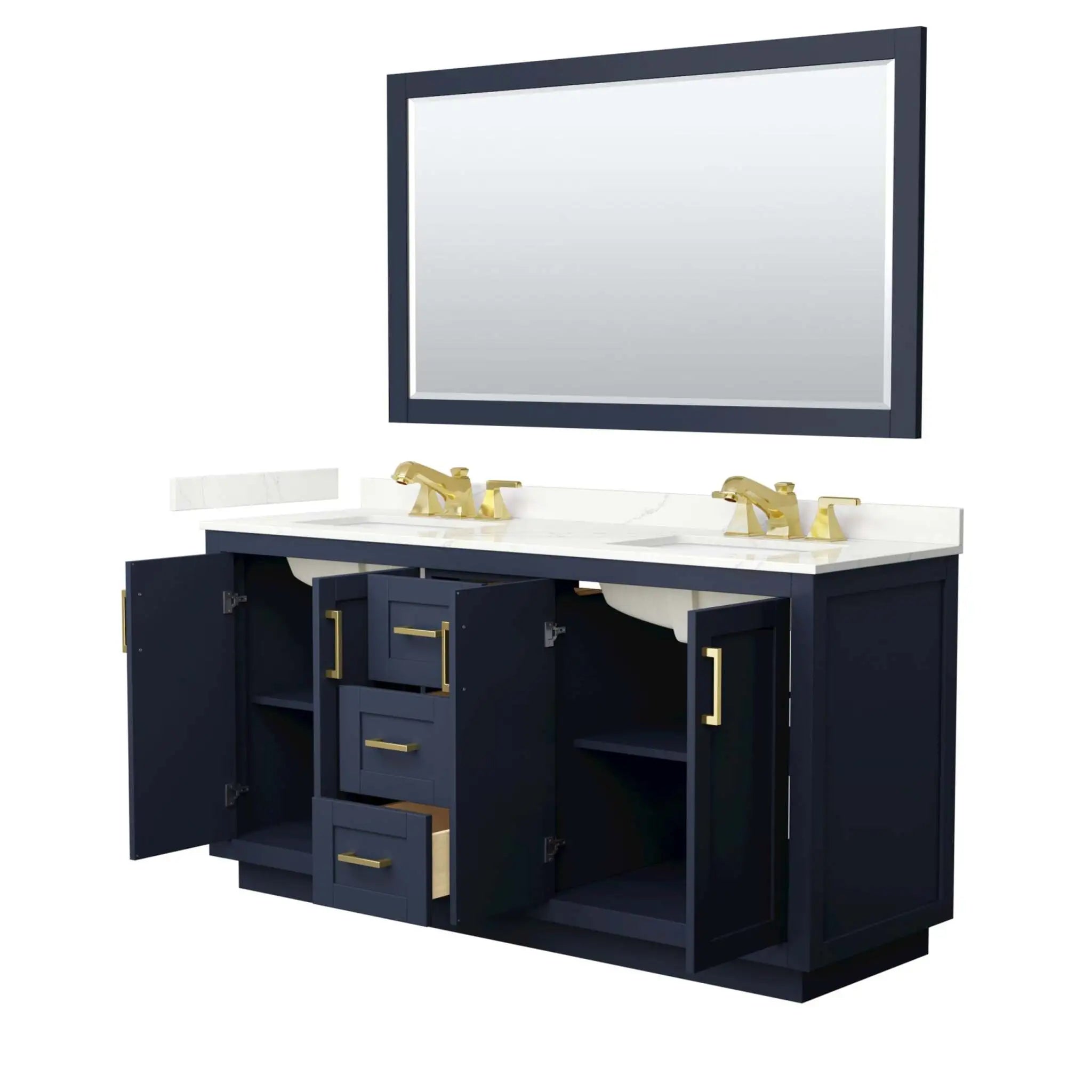 66" Miranda Double Bathroom Vanity in Dark Blue with Brushed Gold Trim & 58" Mirror by Wyndham