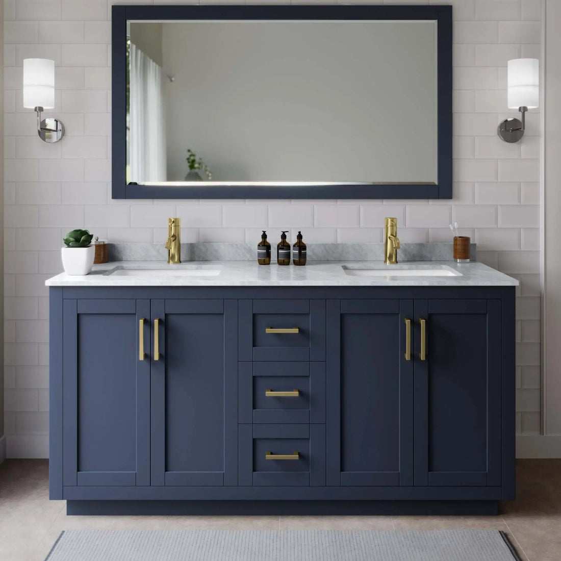 66" Miranda Double Bathroom Vanity in Dark Blue with Brushed Gold Trim & 58" Mirror by Wyndham