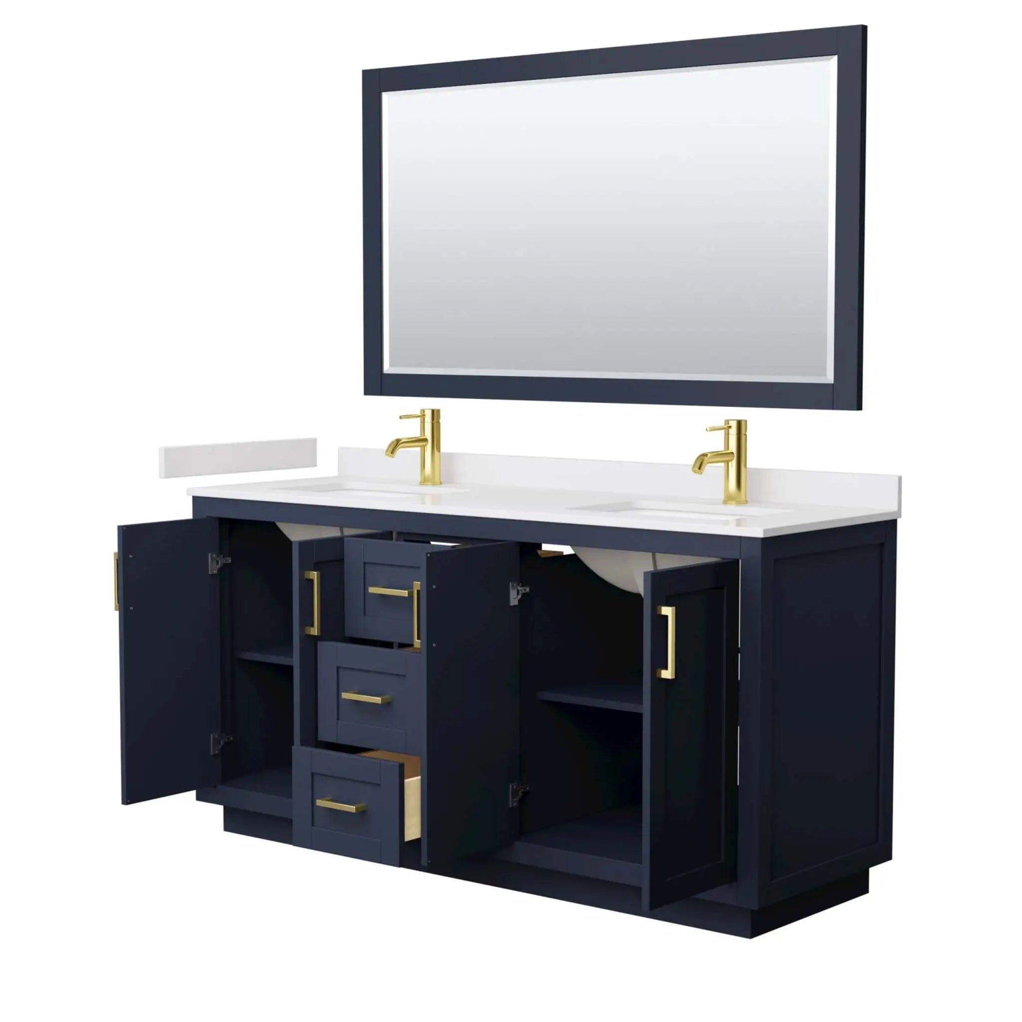 66" Miranda Double Bathroom Vanity in Dark Blue with Brushed Gold Trim & 58" Mirror by Wyndham