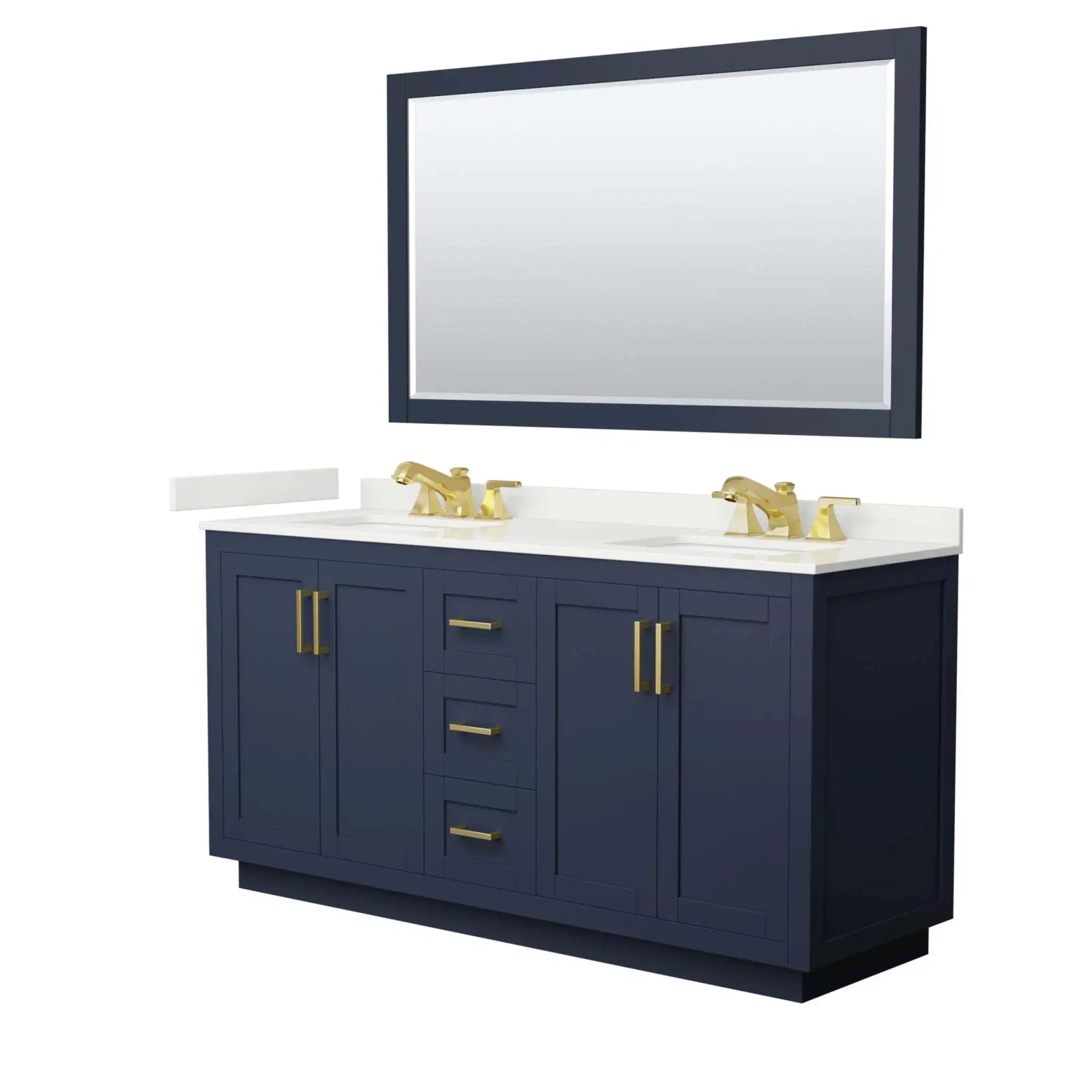 66" Miranda Double Bathroom Vanity in Dark Blue with Brushed Gold Trim & 58" Mirror by Wyndham