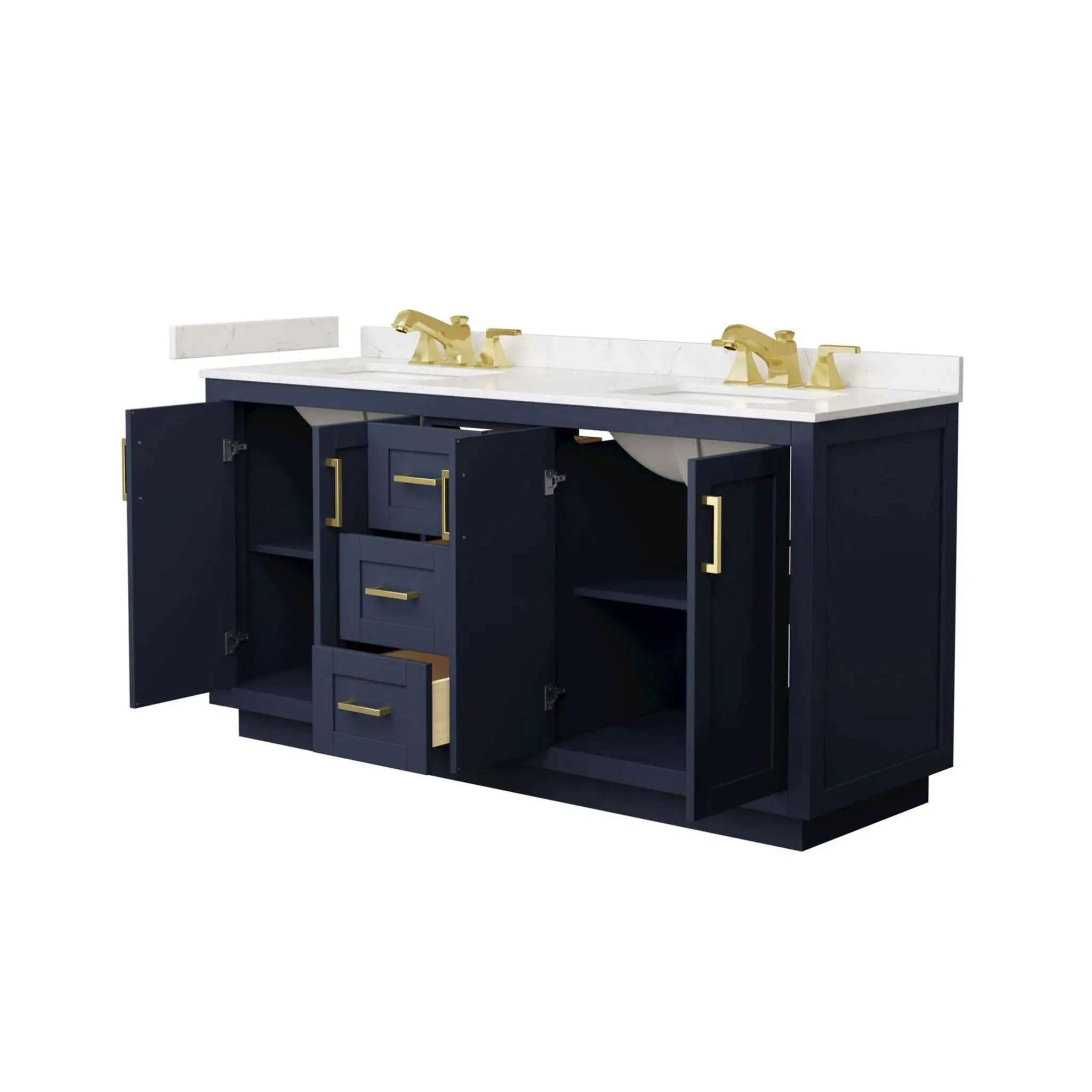 66" Miranda Double Bathroom Vanity in Dark Blue with Brushed Gold Trim by Wyndham
