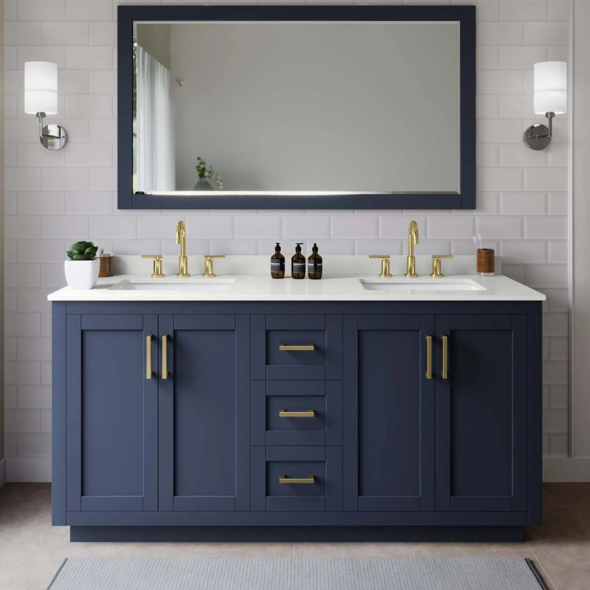66" Miranda Double Bathroom Vanity in Dark Blue with Brushed Gold Trim by Wyndham
