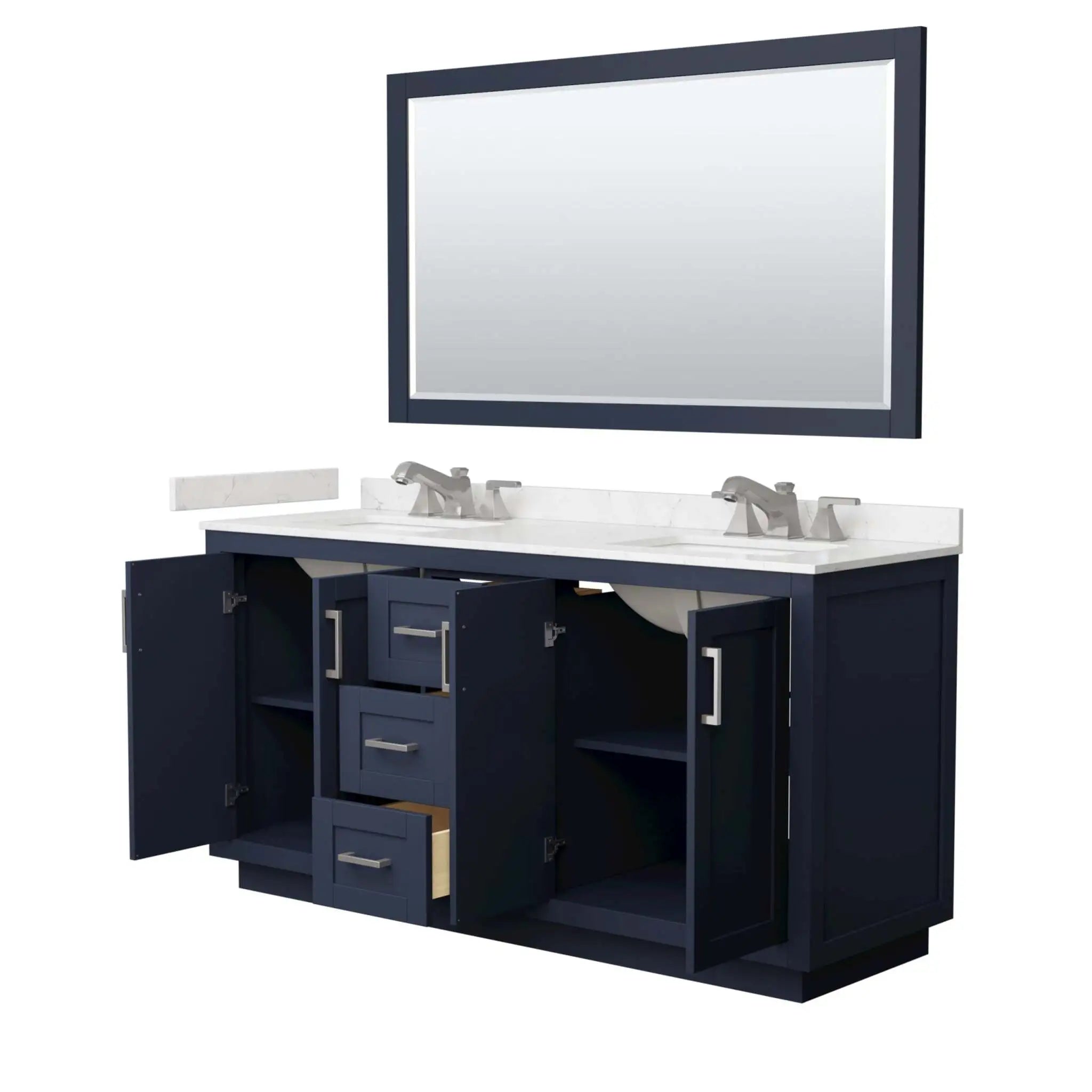 66" Miranda Double Bathroom Vanity in Dark Blue with Brushed Nickel Trim & 58" Mirror by Wyndham