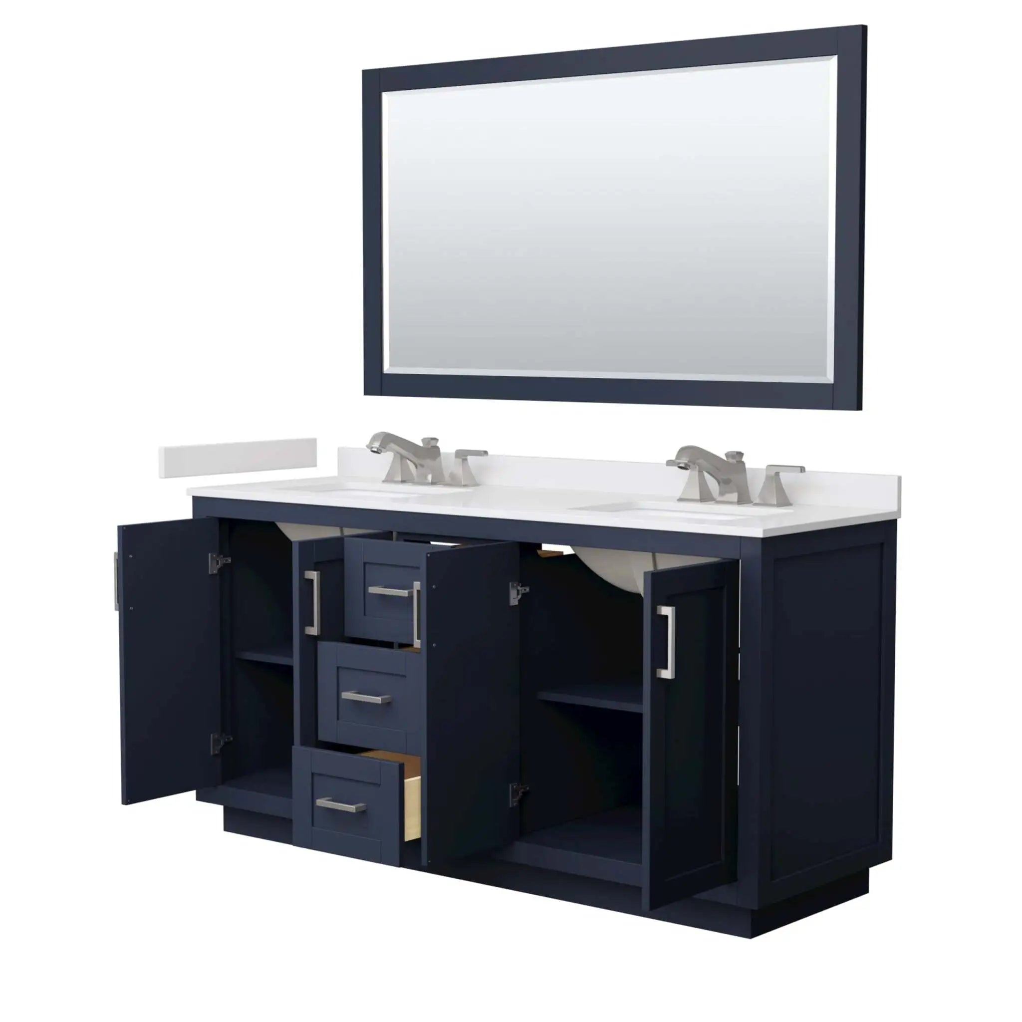 66" Miranda Double Bathroom Vanity in Dark Blue with Brushed Nickel Trim & 58" Mirror by Wyndham