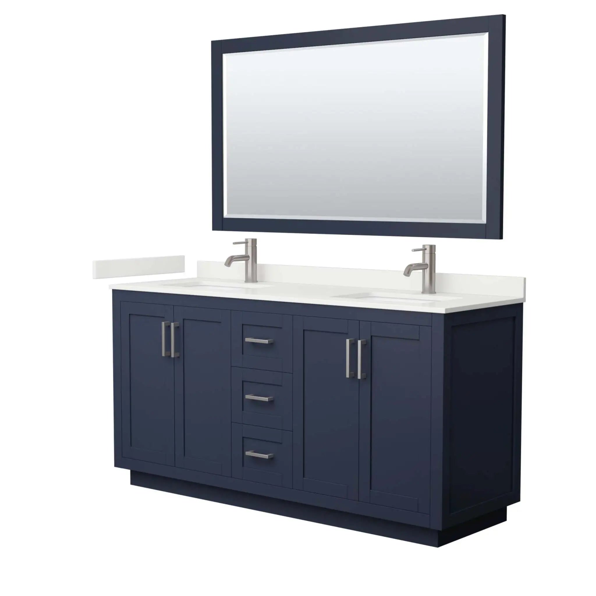 66" Miranda Double Bathroom Vanity in Dark Blue with Brushed Nickel Trim & 58" Mirror by Wyndham