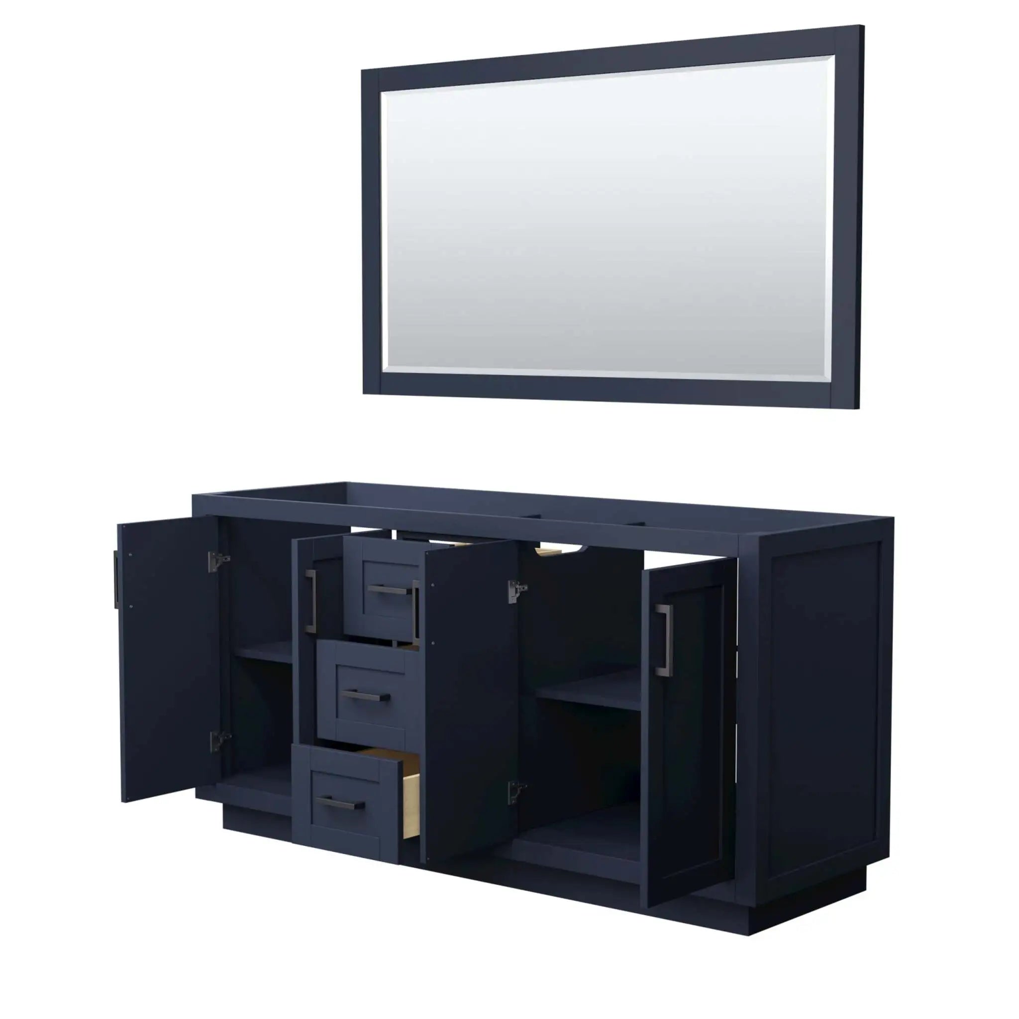 66" Miranda Double Bathroom Vanity in Dark Blue with Matte Black Trim & 58" Mirror by Wyndham