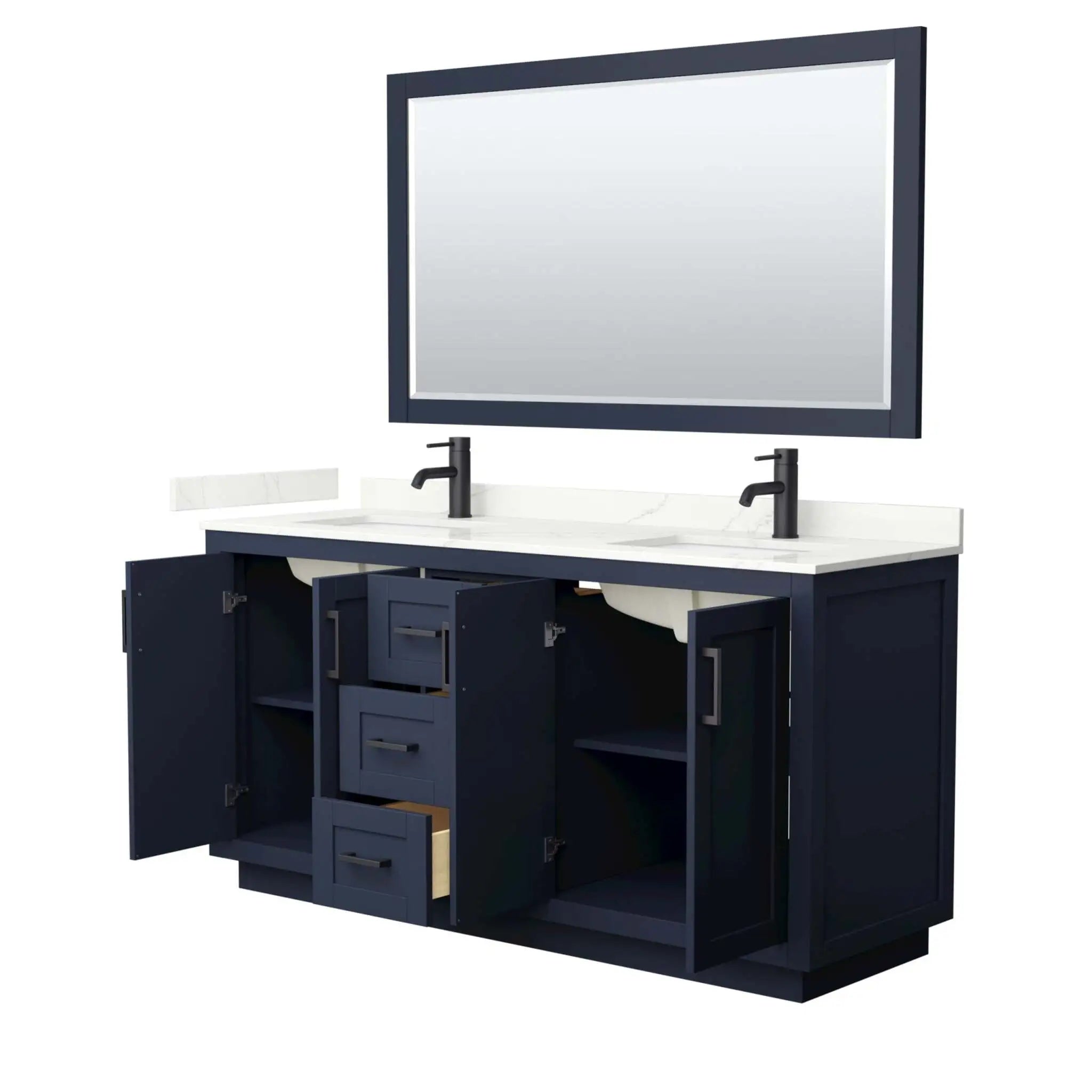 66" Miranda Double Bathroom Vanity in Dark Blue with Matte Black Trim & 58" Mirror by Wyndham