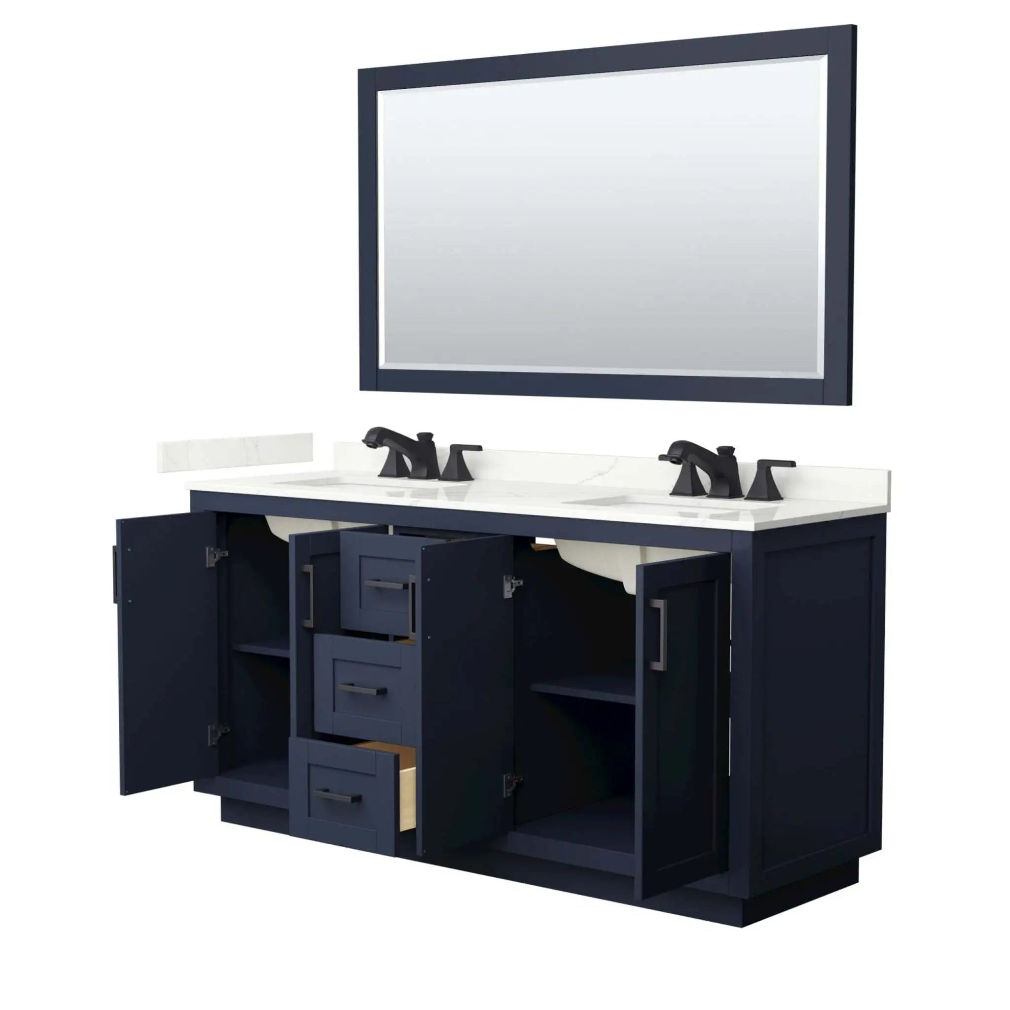 66" Miranda Double Bathroom Vanity in Dark Blue with Matte Black Trim & 58" Mirror by Wyndham