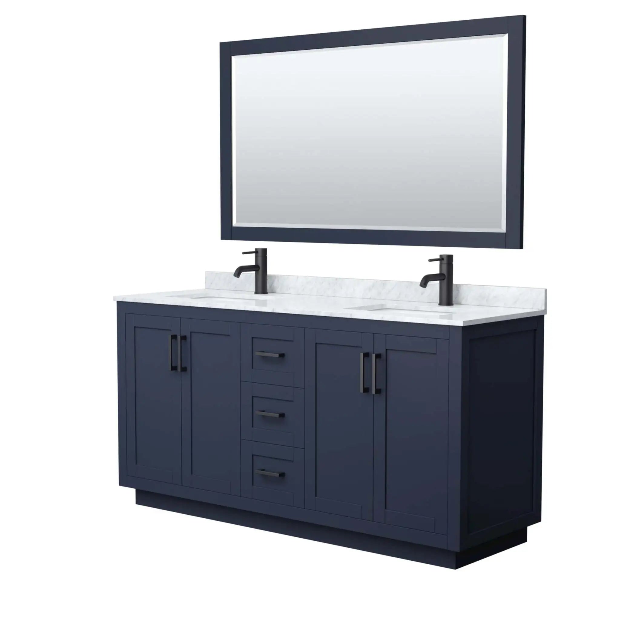 66" Miranda Double Bathroom Vanity in Dark Blue with Matte Black Trim & 58" Mirror by Wyndham