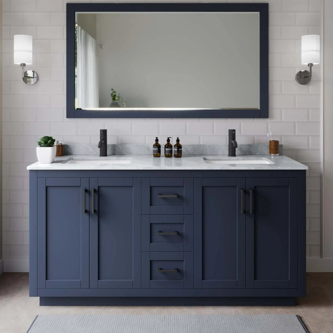 66" Miranda Double Bathroom Vanity in Dark Blue with Matte Black Trim & 58" Mirror by Wyndham
