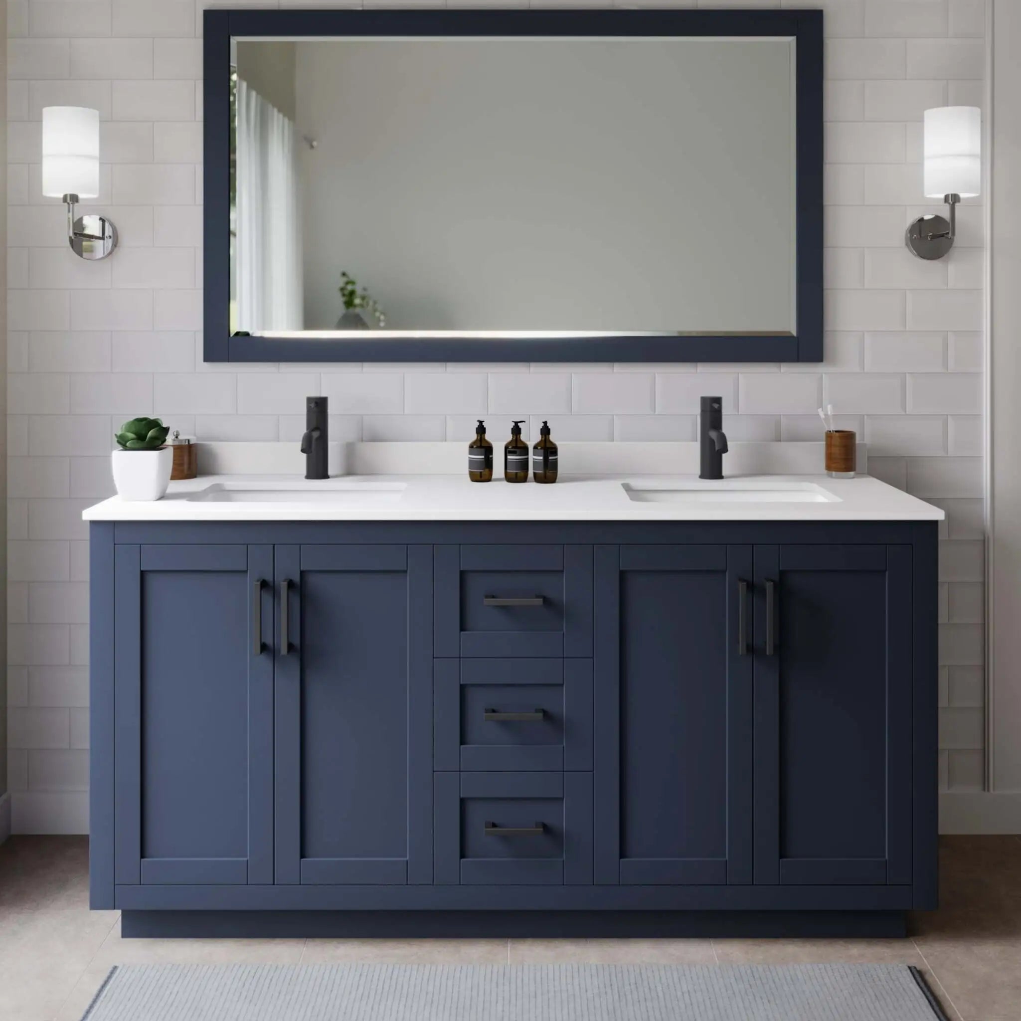 66" Miranda Double Bathroom Vanity in Dark Blue with Matte Black Trim & 58" Mirror by Wyndham