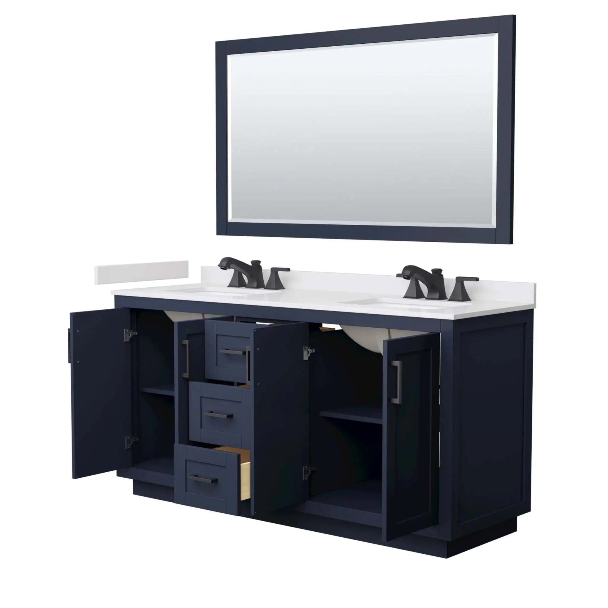 66" Miranda Double Bathroom Vanity in Dark Blue with Matte Black Trim & 58" Mirror by Wyndham