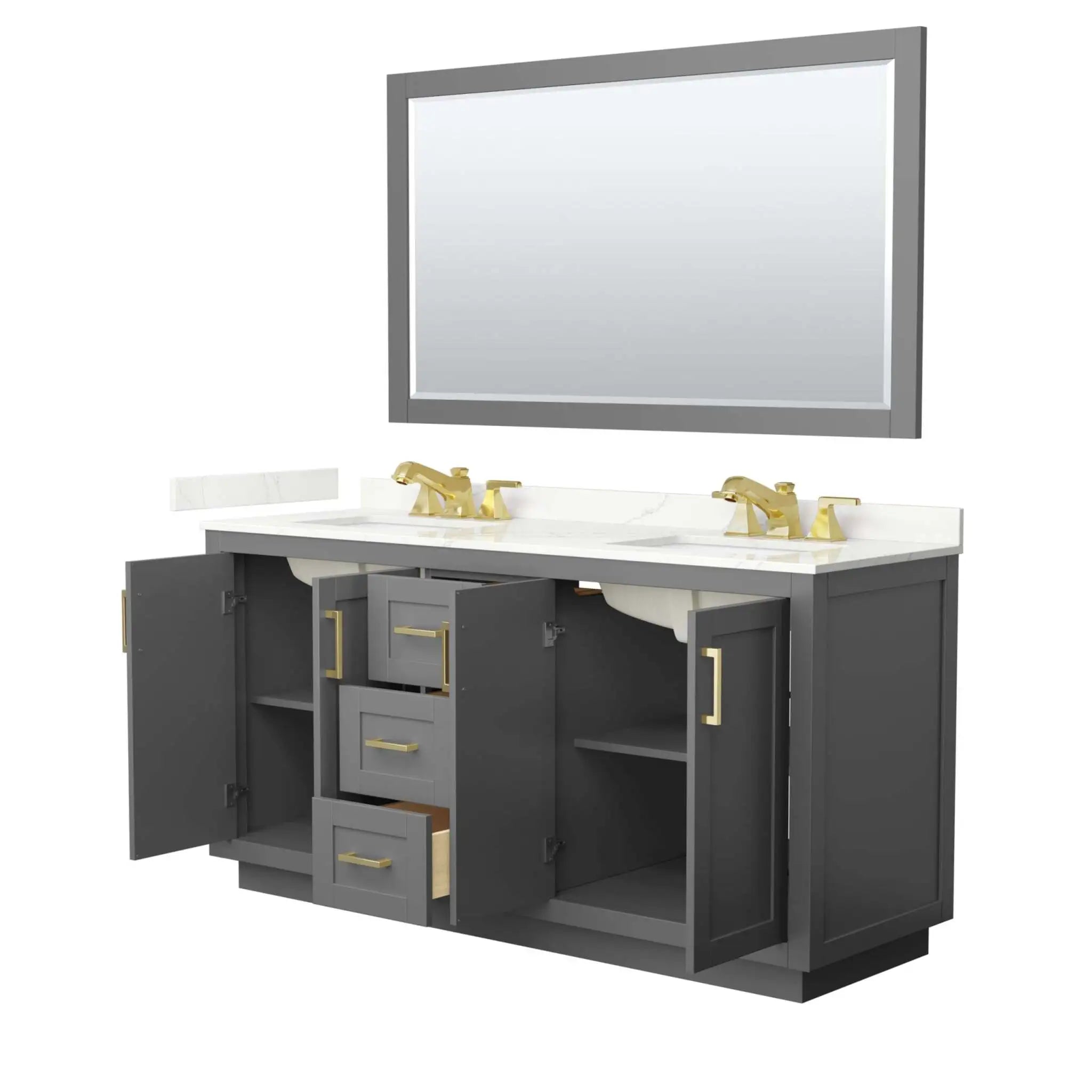 66" Miranda Double Bathroom Vanity in Dark Gray with Brushed Gold Trim & 58" Mirror by Wyndham