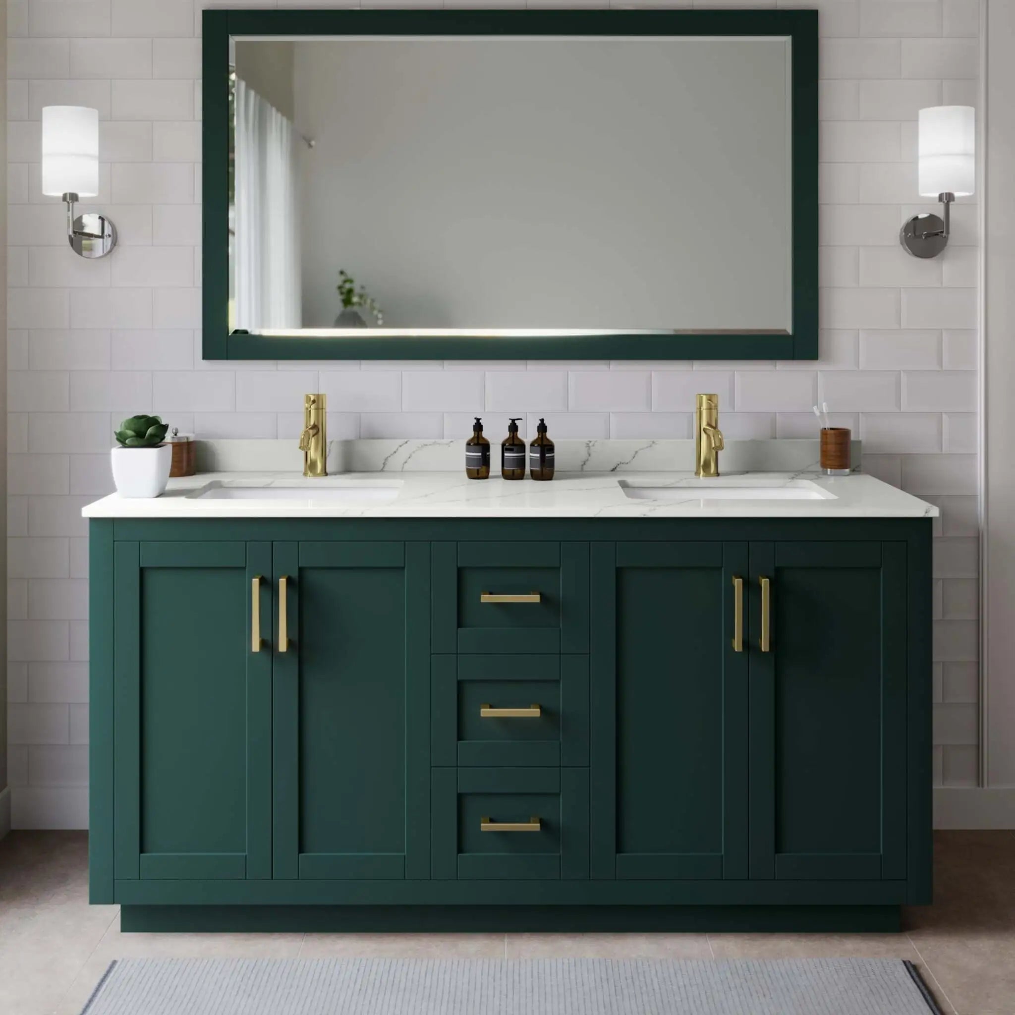 66" Miranda Double Bathroom Vanity in Green with Brushed Gold Trim & 58" Mirror by Wyndham