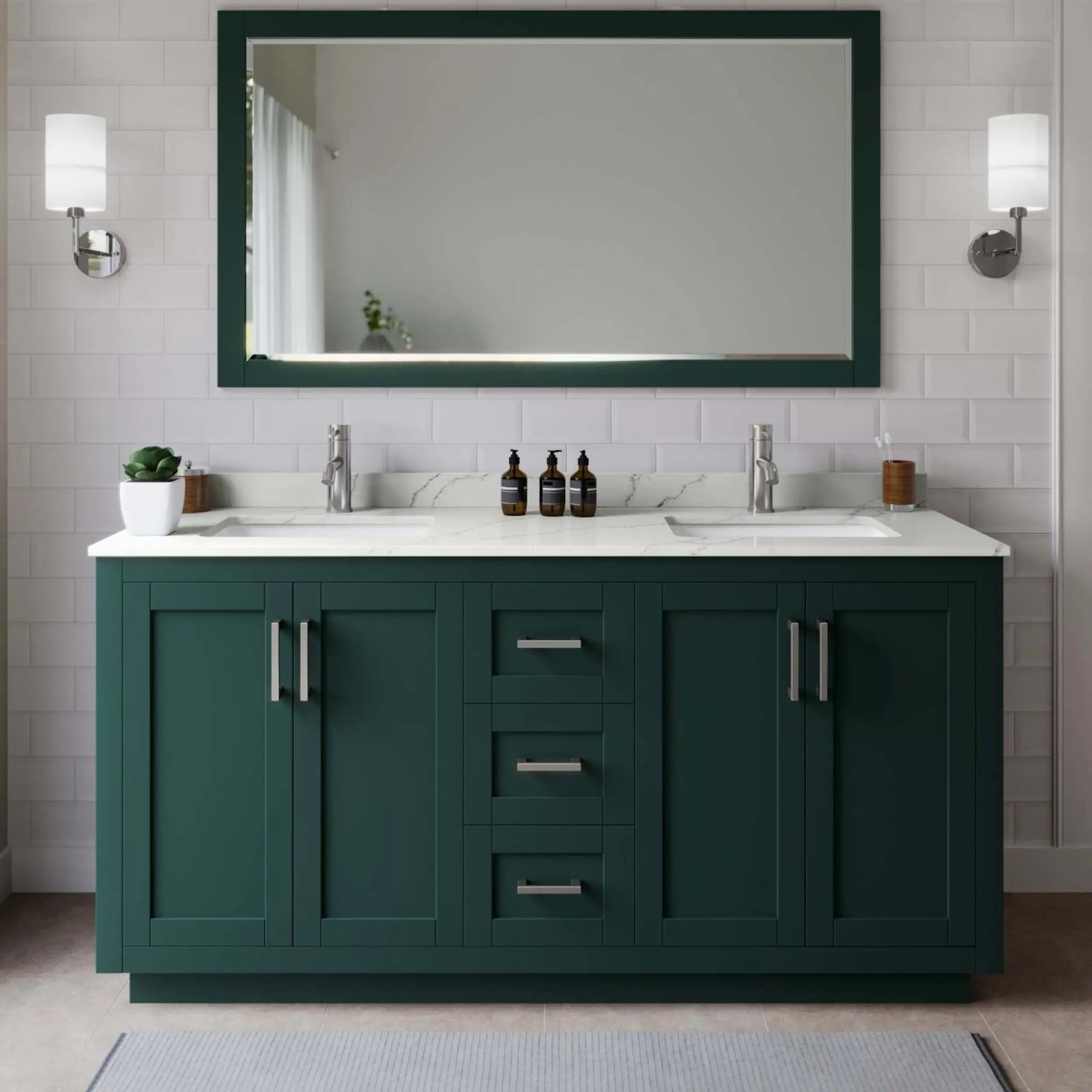 66" Miranda Double Bathroom Vanity in Green with Brushed Nickel Trim & 58" Mirror by Wyndham