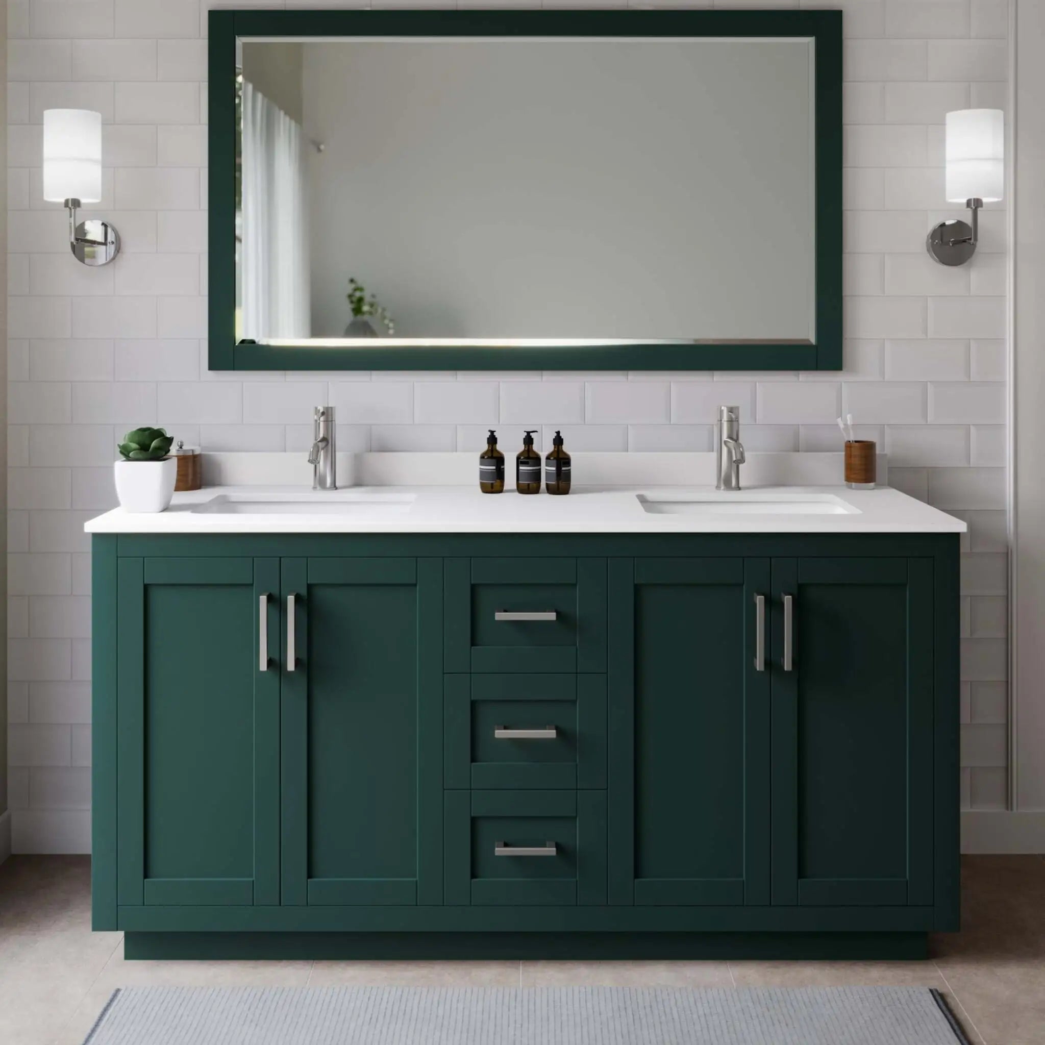 66" Miranda Double Bathroom Vanity in Green with Brushed Nickel Trim & 58" Mirror by Wyndham