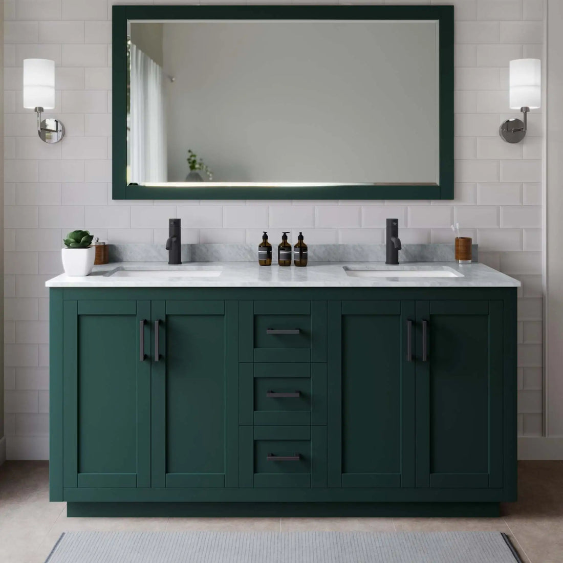 66" Miranda Double Bathroom Vanity in Green with Matte Black Trim & 58" Mirror by Wyndham