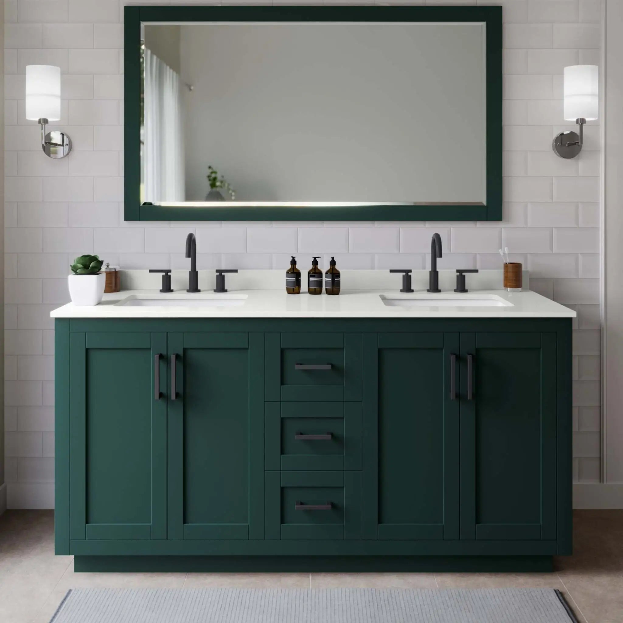 66" Miranda Double Bathroom Vanity in Green with Matte Black Trim & 58" Mirror by Wyndham