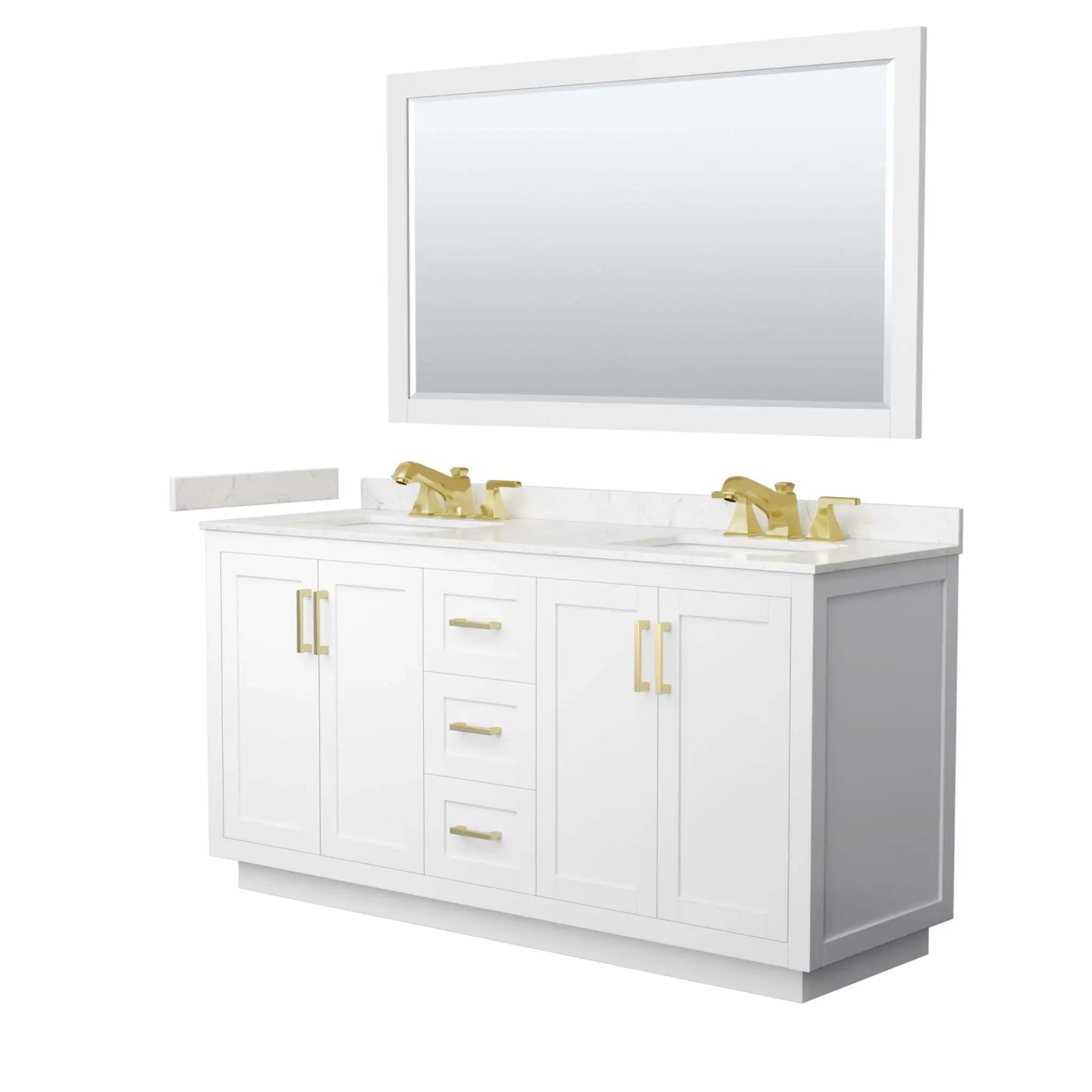 66" Miranda Double Bathroom Vanity in White with Brushed Gold Trim & 58" Mirror by Wyndham