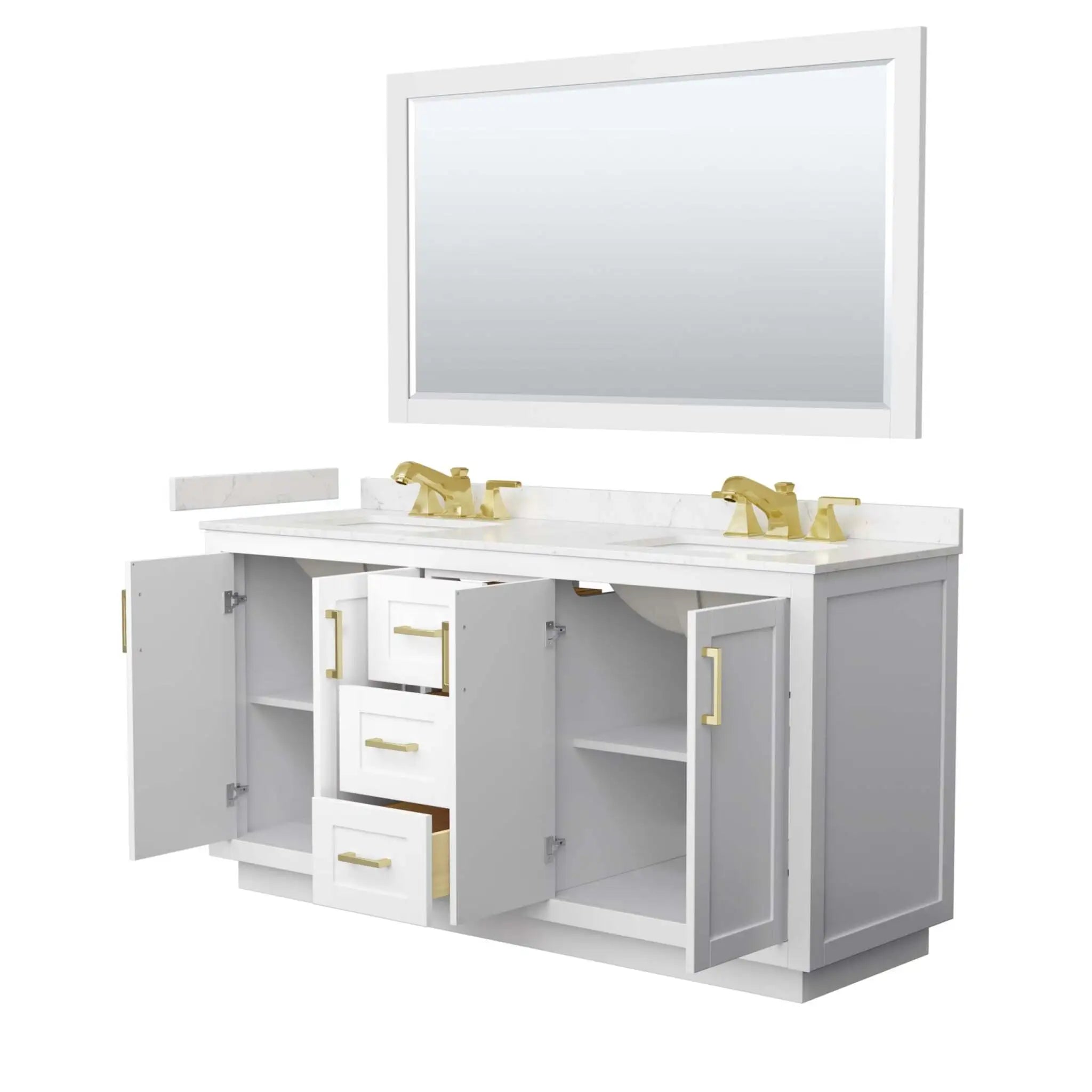 66" Miranda Double Bathroom Vanity in White with Brushed Gold Trim & 58" Mirror by Wyndham
