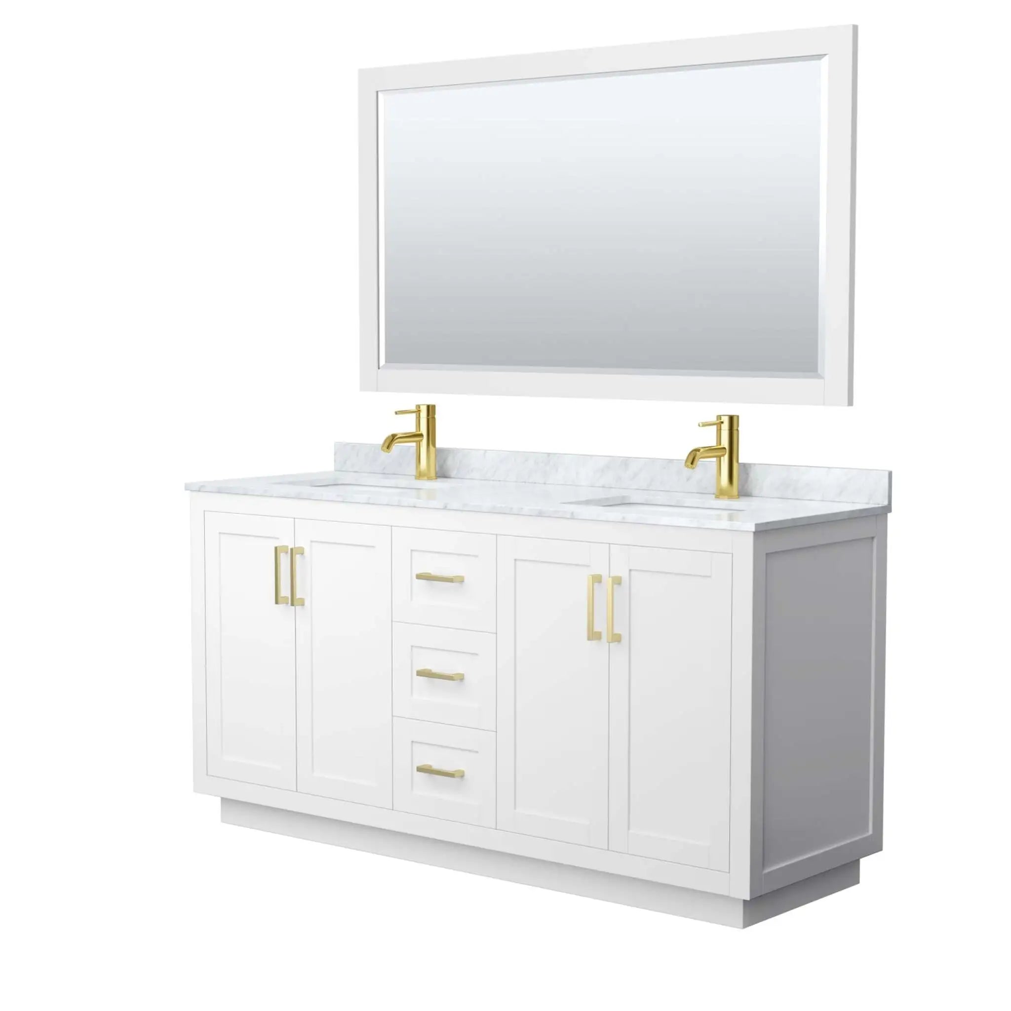 66" Miranda Double Bathroom Vanity in White with Brushed Gold Trim & 58" Mirror by Wyndham