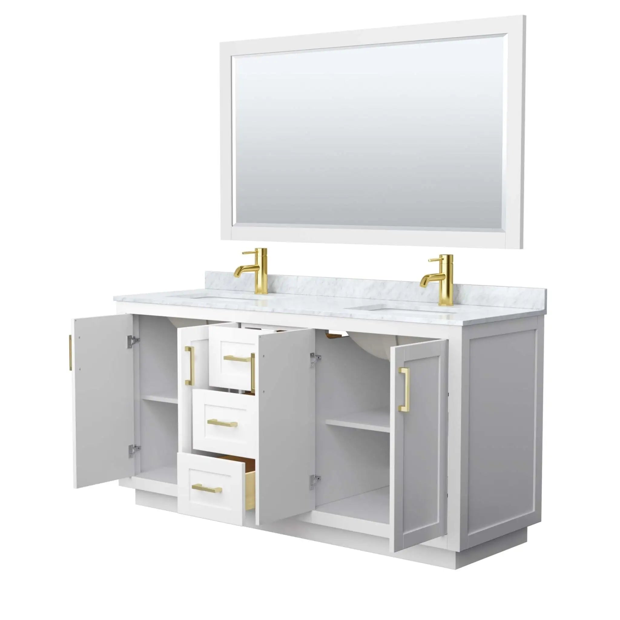 66" Miranda Double Bathroom Vanity in White with Brushed Gold Trim & 58" Mirror by Wyndham