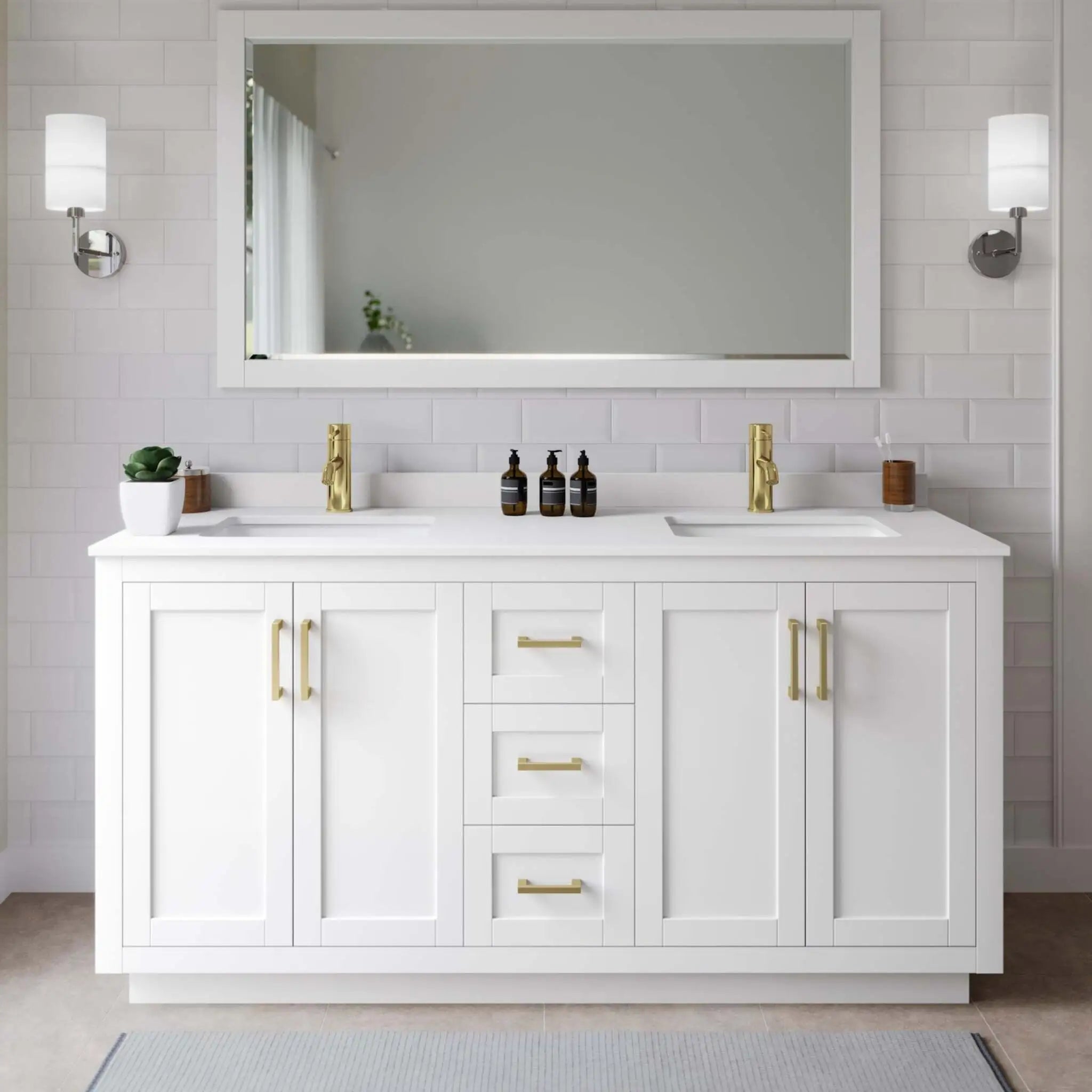 66" Miranda Double Bathroom Vanity in White with Brushed Gold Trim & 58" Mirror by Wyndham