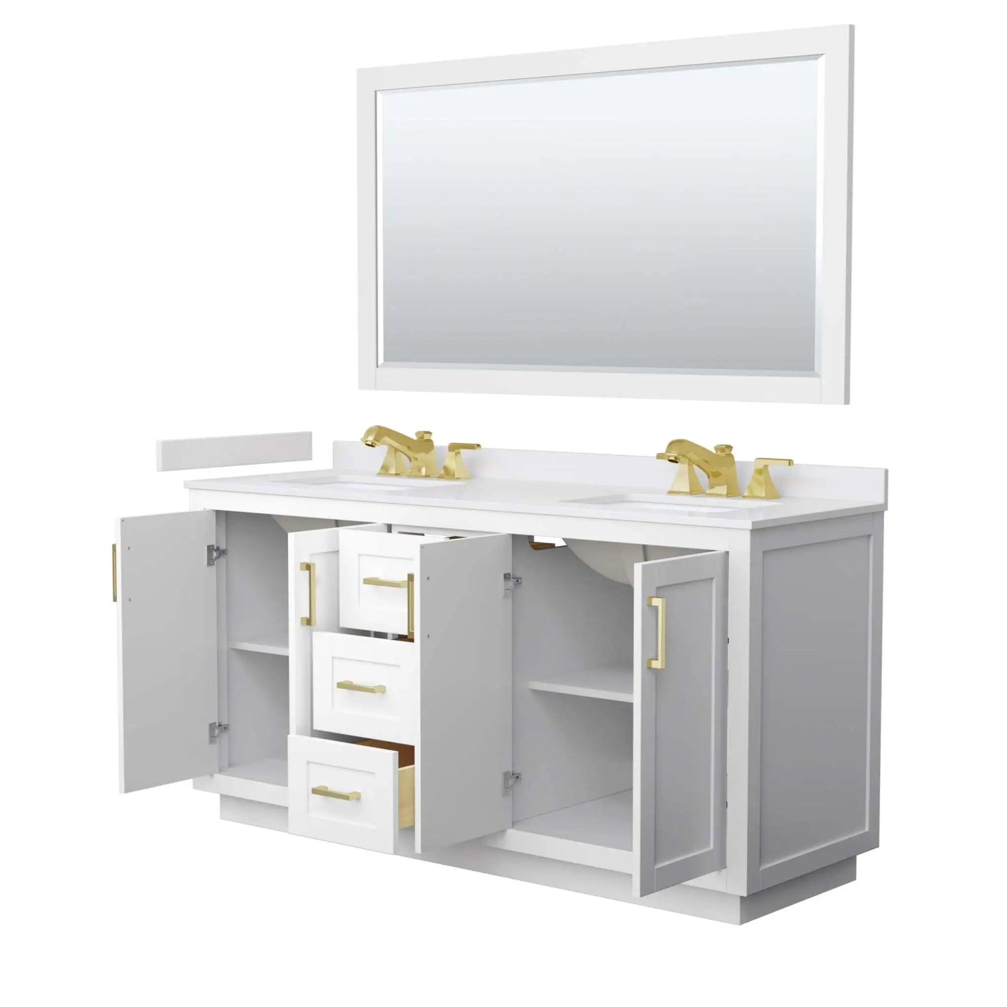 66" Miranda Double Bathroom Vanity in White with Brushed Gold Trim & 58" Mirror by Wyndham