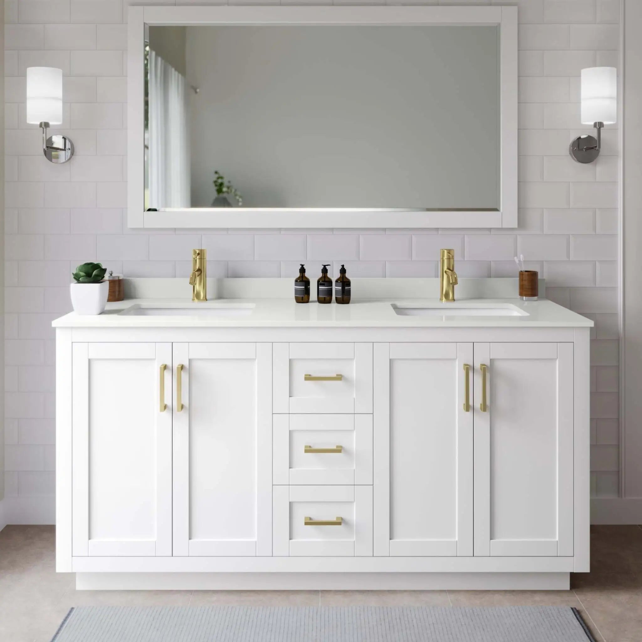 66" Miranda Double Bathroom Vanity in White with Brushed Gold Trim & 58" Mirror by Wyndham