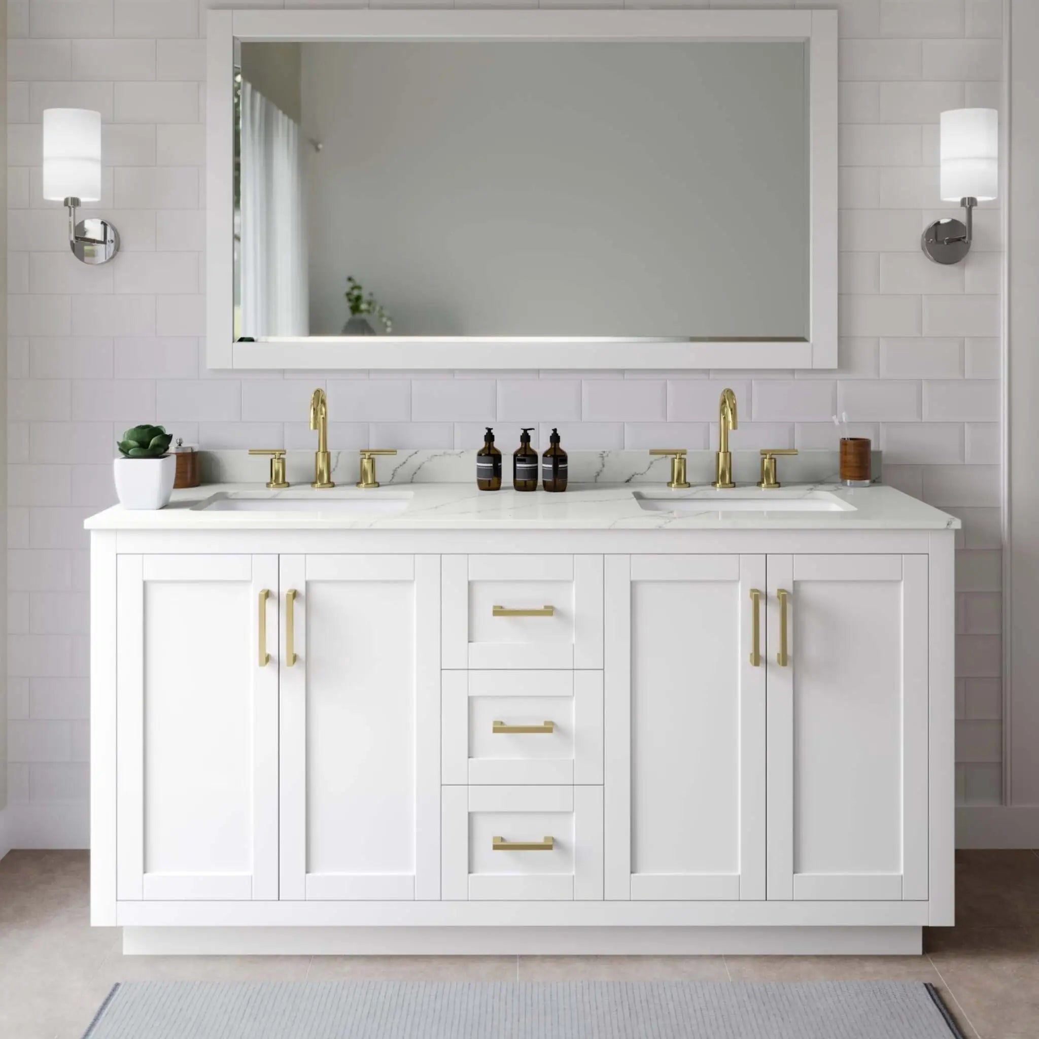 66" Miranda Double Bathroom Vanity in White with Brushed Gold Trim by Wyndham