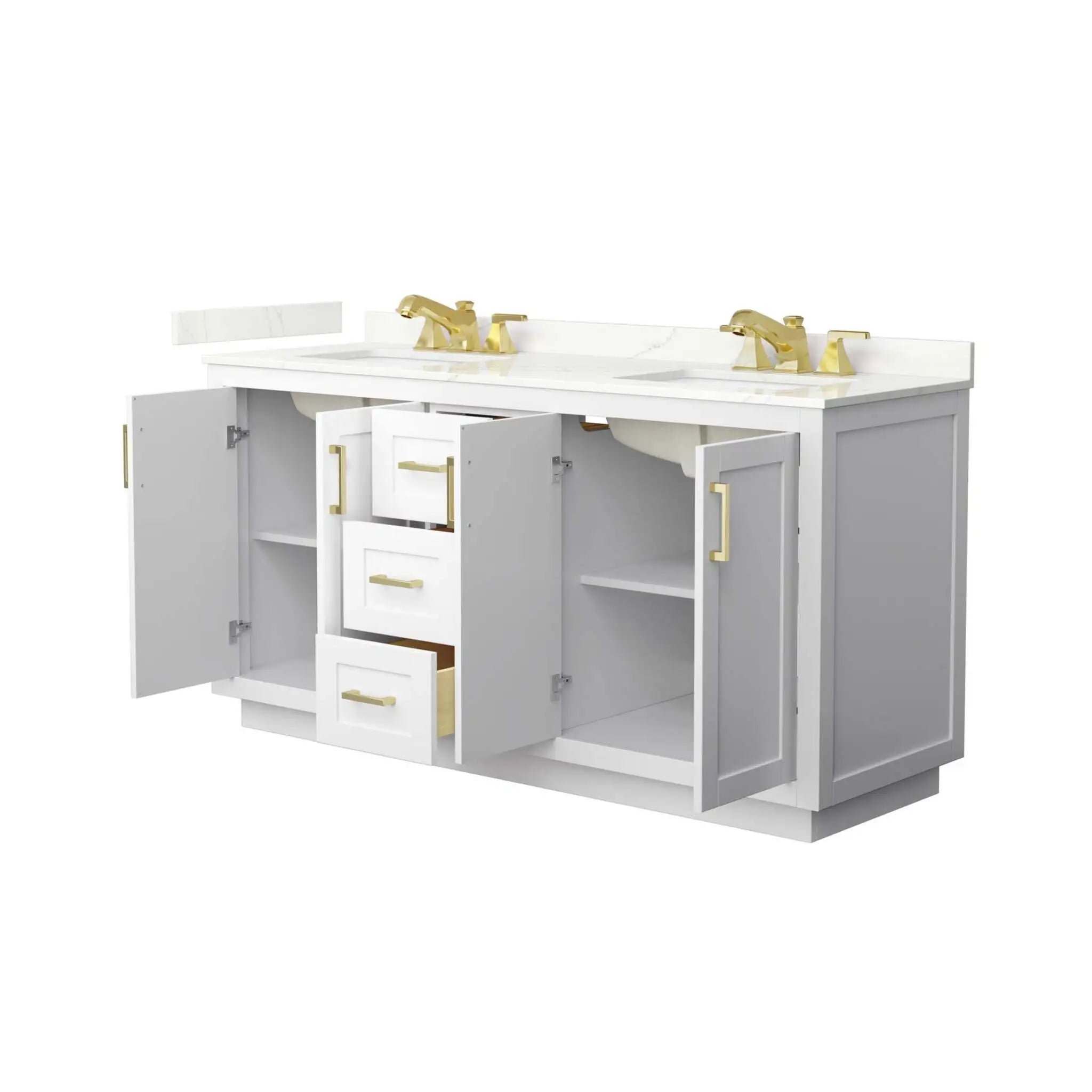 66" Miranda Double Bathroom Vanity in White with Brushed Gold Trim by Wyndham
