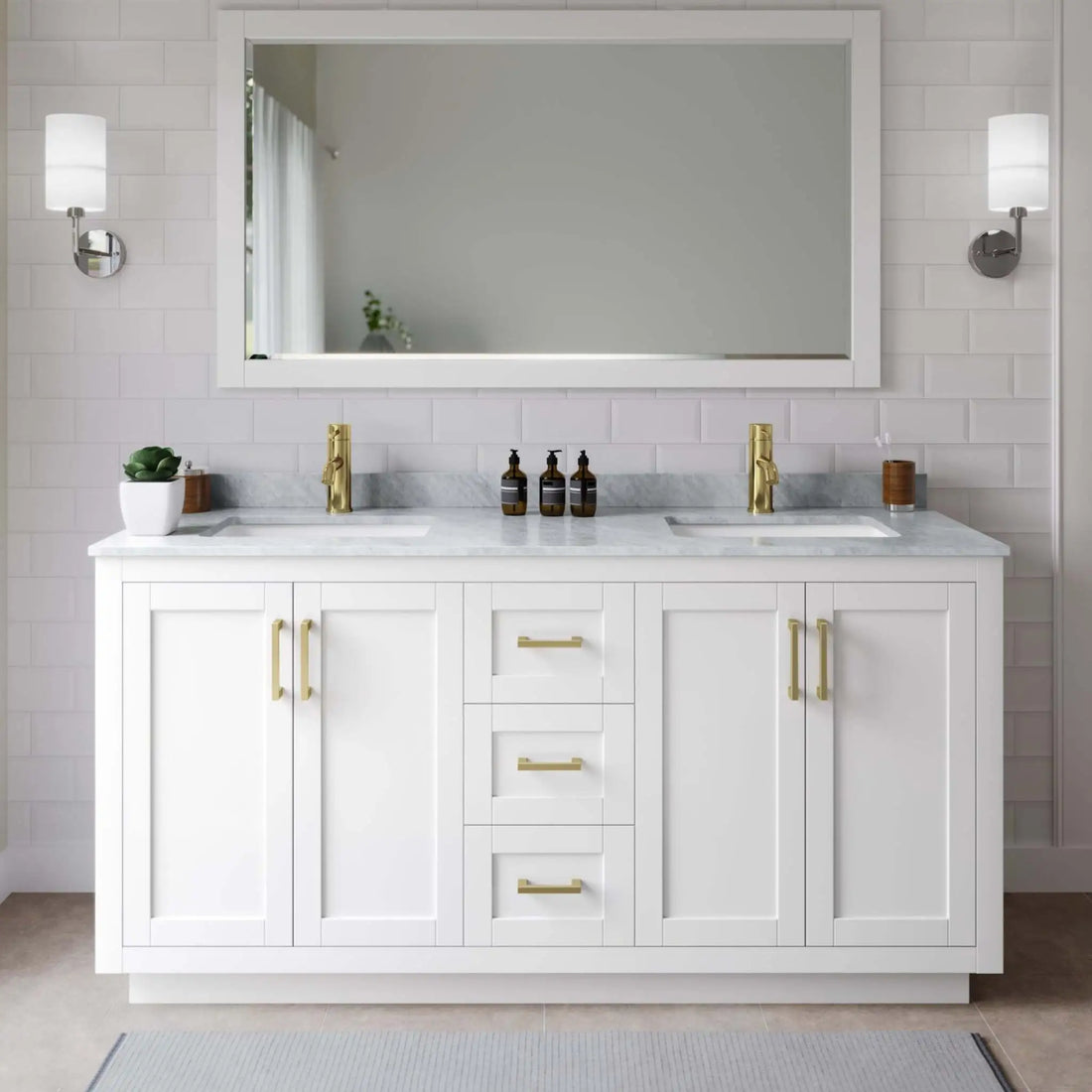 66" Miranda Double Bathroom Vanity in White with Brushed Gold Trim by Wyndham